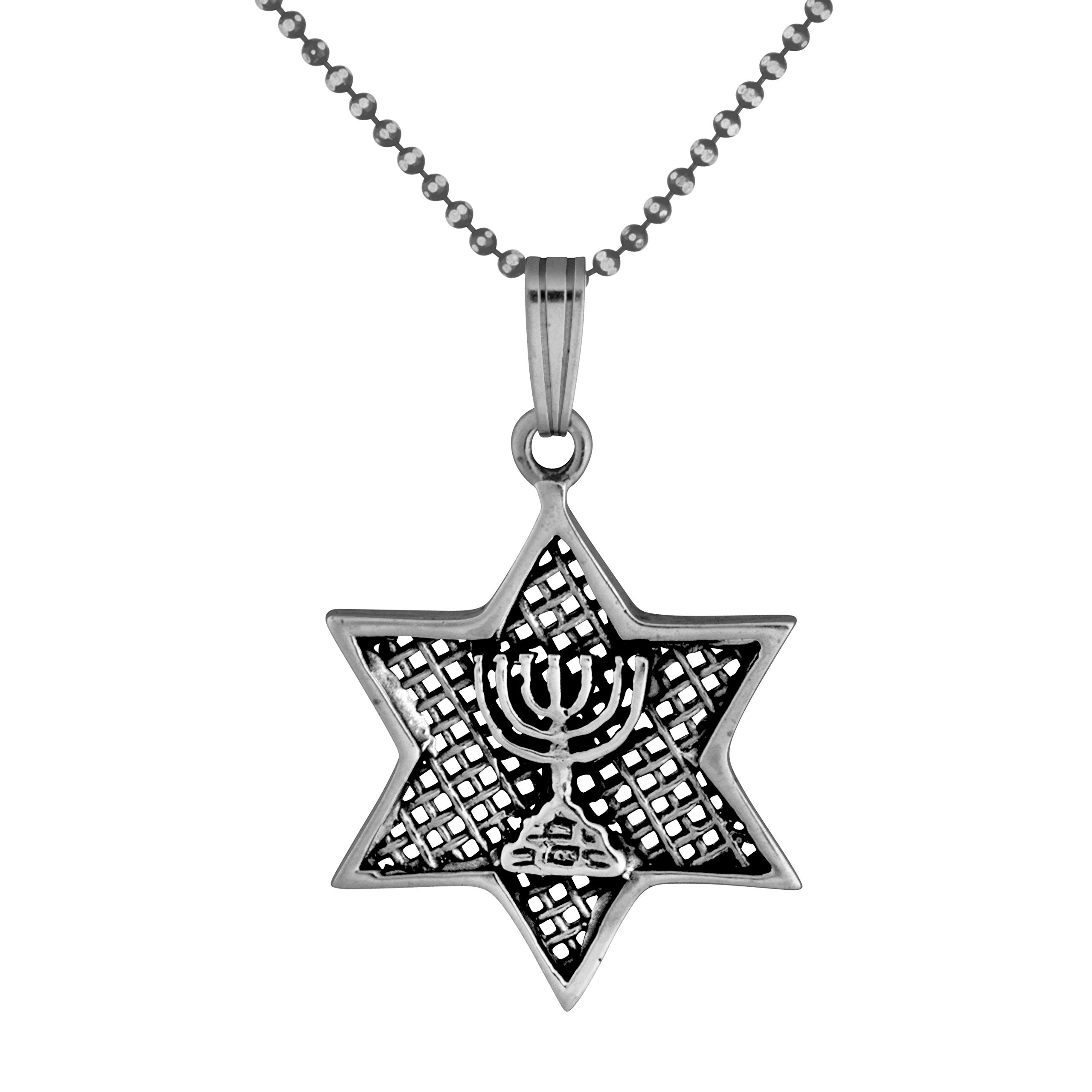 925 Sterling Silver Mesh Star of David and Menorah Pendant Necklace - Jewish Religious Jewelry for Men & Women - Perfect for Hanukkah, Bar Mitzvah, and Everyday Wear
