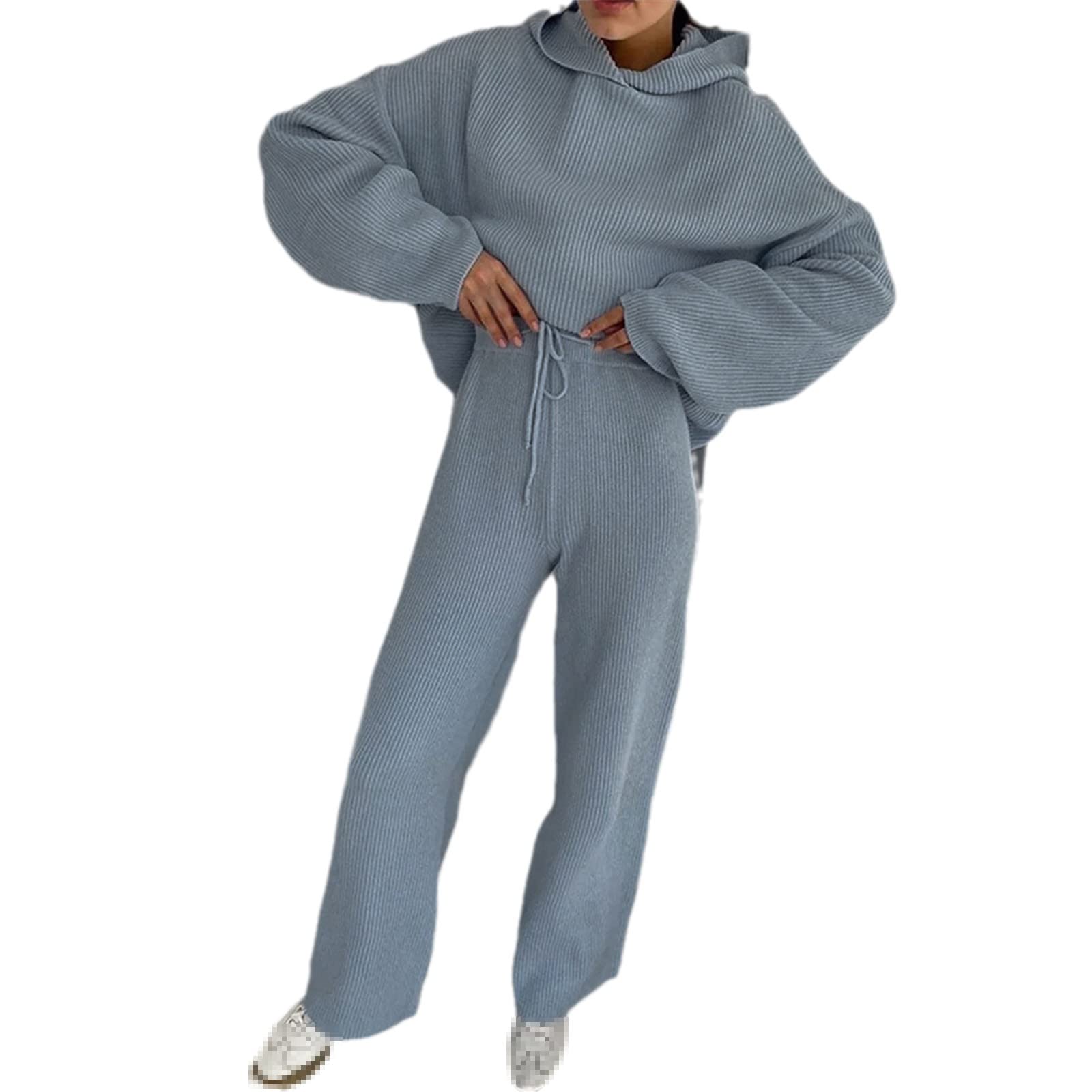 Women's Casual Knitted Hooded Sweatsuit Set - Long Sleeve Hoodie & Wide Leg Pants for Autumn/Winter | Cozy Loungewear, Streetwear Outfit | Perfect for Home Relaxing, Coffee Dates & Weekend Errands