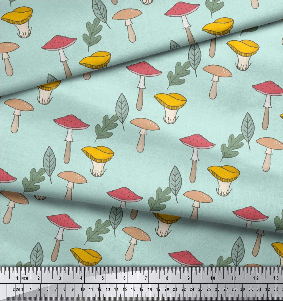 Soimoi Green Polyester Crepe Fabric by The Yard - 52 Inch Wide - Leaves & Mushroom Botanical Tapestry Cloth - Earthy Printed Fabric for Dresses, Curtains, DIY Crafts & Home Decor