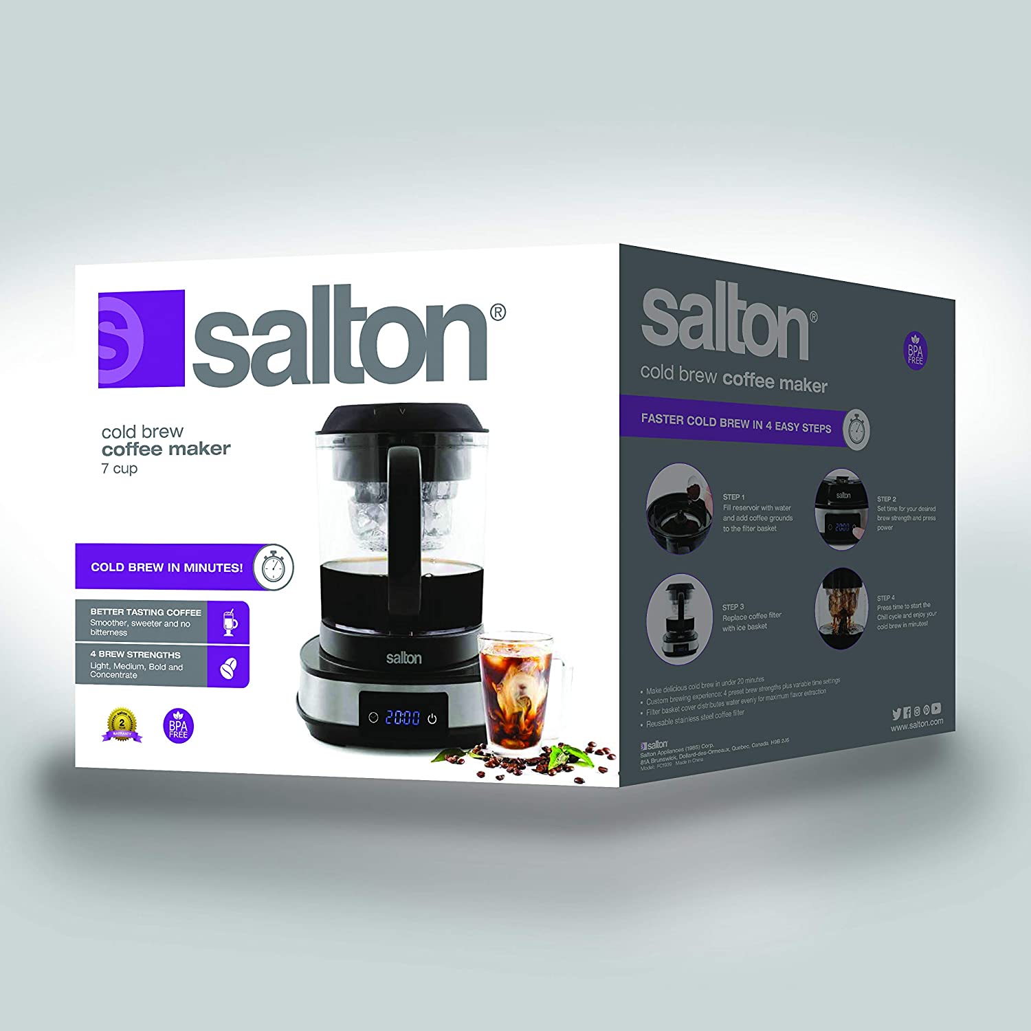 Premium SALTON 7-Cup Cold Brew Coffee Maker FC1939 - Iced Coffee Maker for Smooth, Low-Acid Brew - Perfect for Home, Office & Outdoor Use
