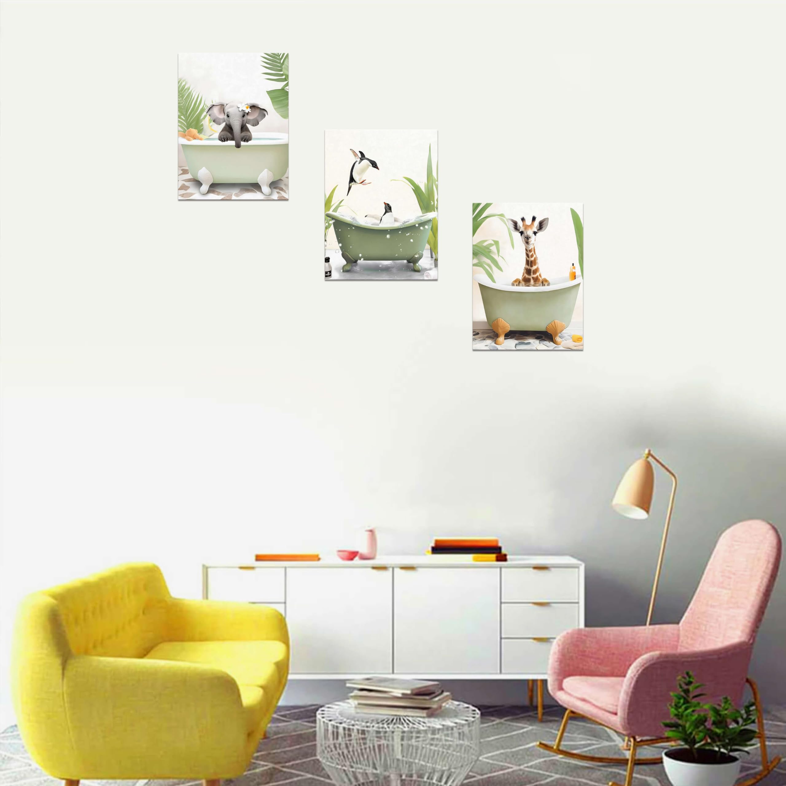 Funny Animal Bathroom Wall Art Set of 3 - Giraffe, Penguin & Elephant Canvas Decor (12x16 Inches) for Kids' Bathroom - Sage Green Nursery Wall Pictures - Perfect for Bathroom, Playroom & Kids' Bedroom Decor
