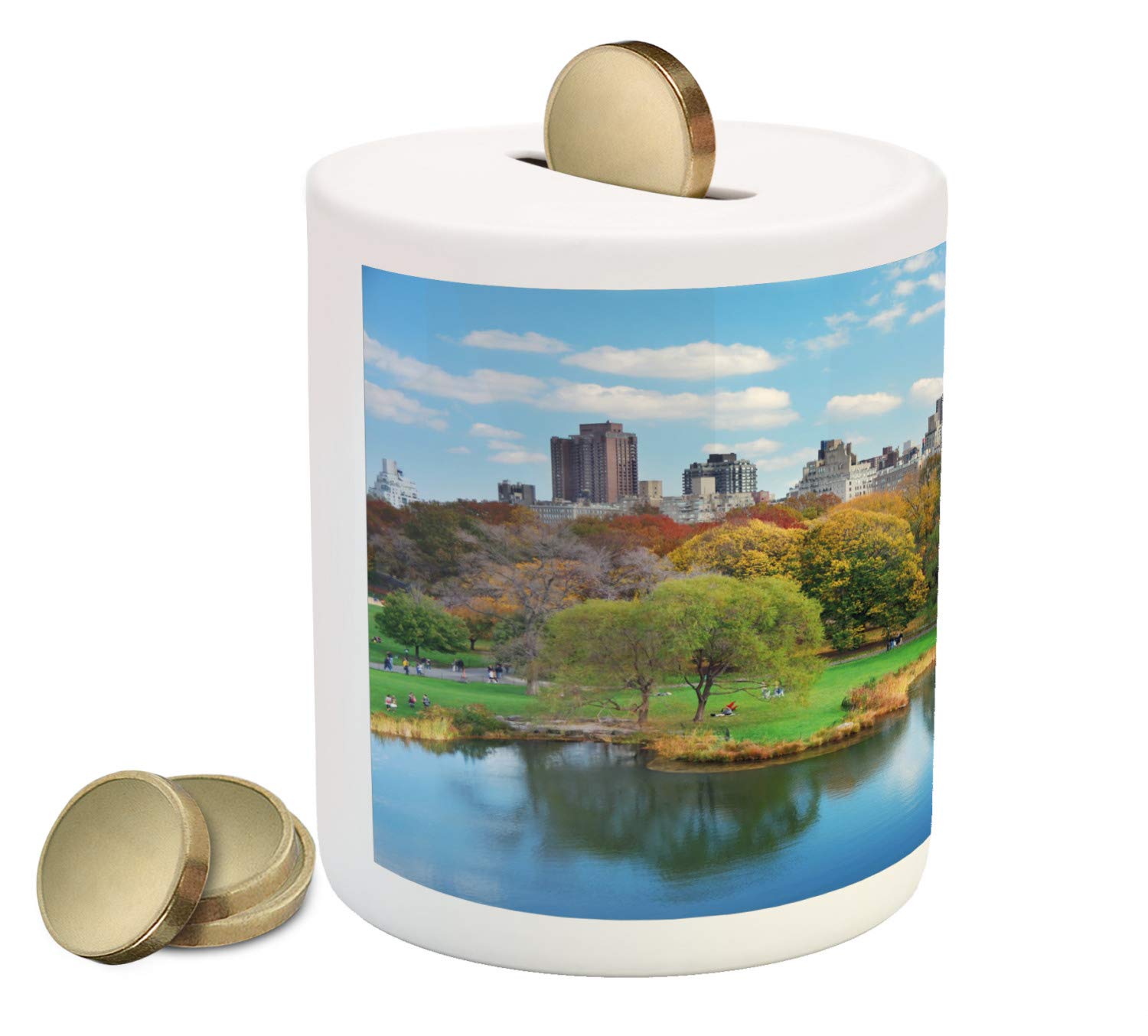 Ambesonne New York Piggy Bank - Ceramic Money Box with Central Park Autumn Scene, Manhattan Skyline & Lake View | Cash Saving Coin Bank for Kids & Adults | Perfect Gift for Collectors, Home Décor & Office Savings