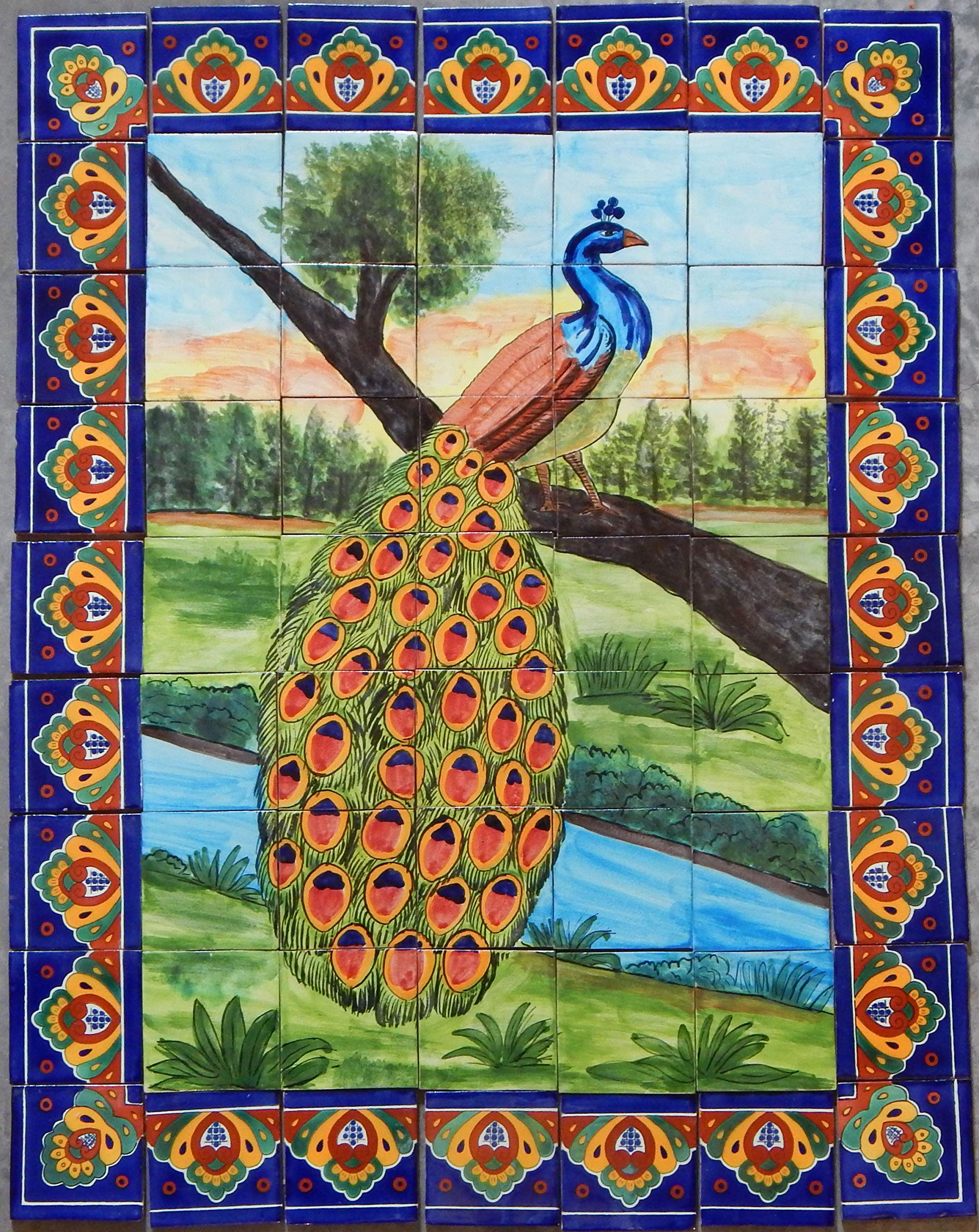 Handmade Mexican Talavera Mosaic Tile - Traditional Folk Art Peacock Design Backsplash for Kitchen & Bathroom Decor (24-Piece Set)