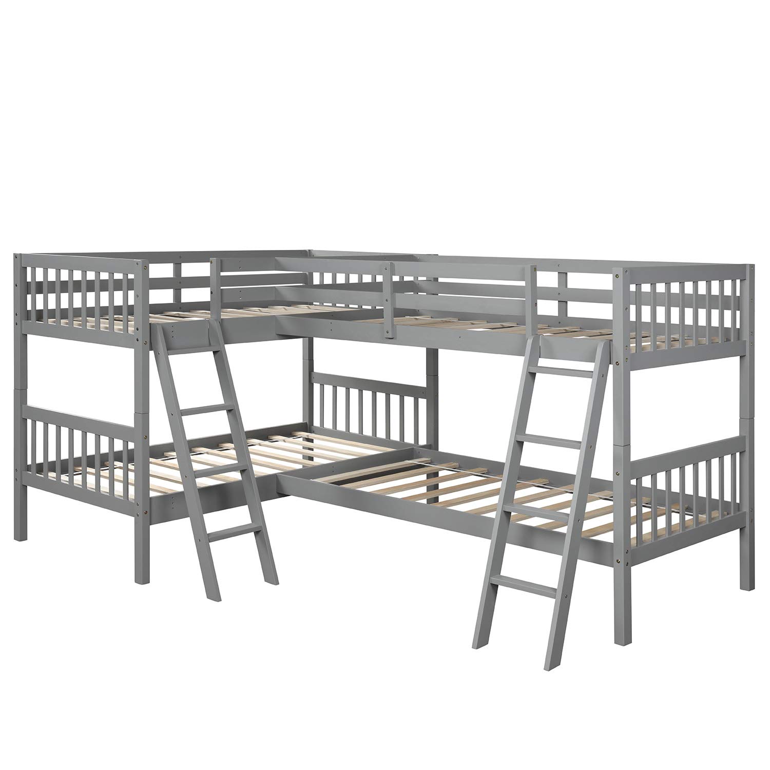 Harper & Bright Designs L-Shaped Quad Bunk Bed for 4 - Twin Size Wooden Bunk Bed Frame for Kids, Teens & Adults - Space-Saving Gray Bedroom Furniture for Small Rooms, Dorms & Vacation Homes