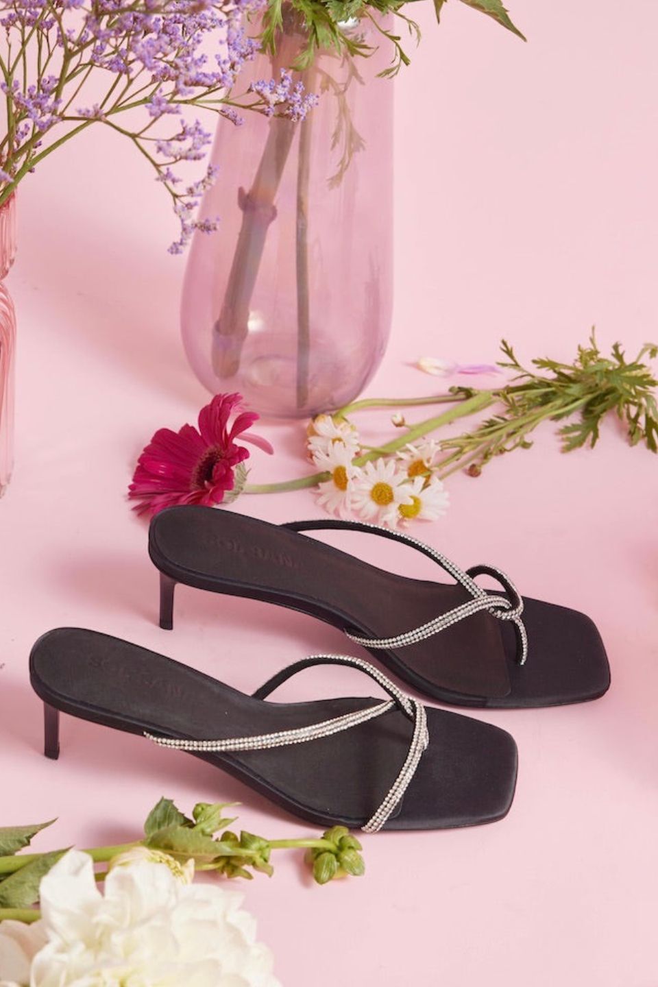 Chrissy Black Crystal Thin Strap Mule Heels - Elegant Women's Dress Sandals for Parties, Weddings & Evening Events