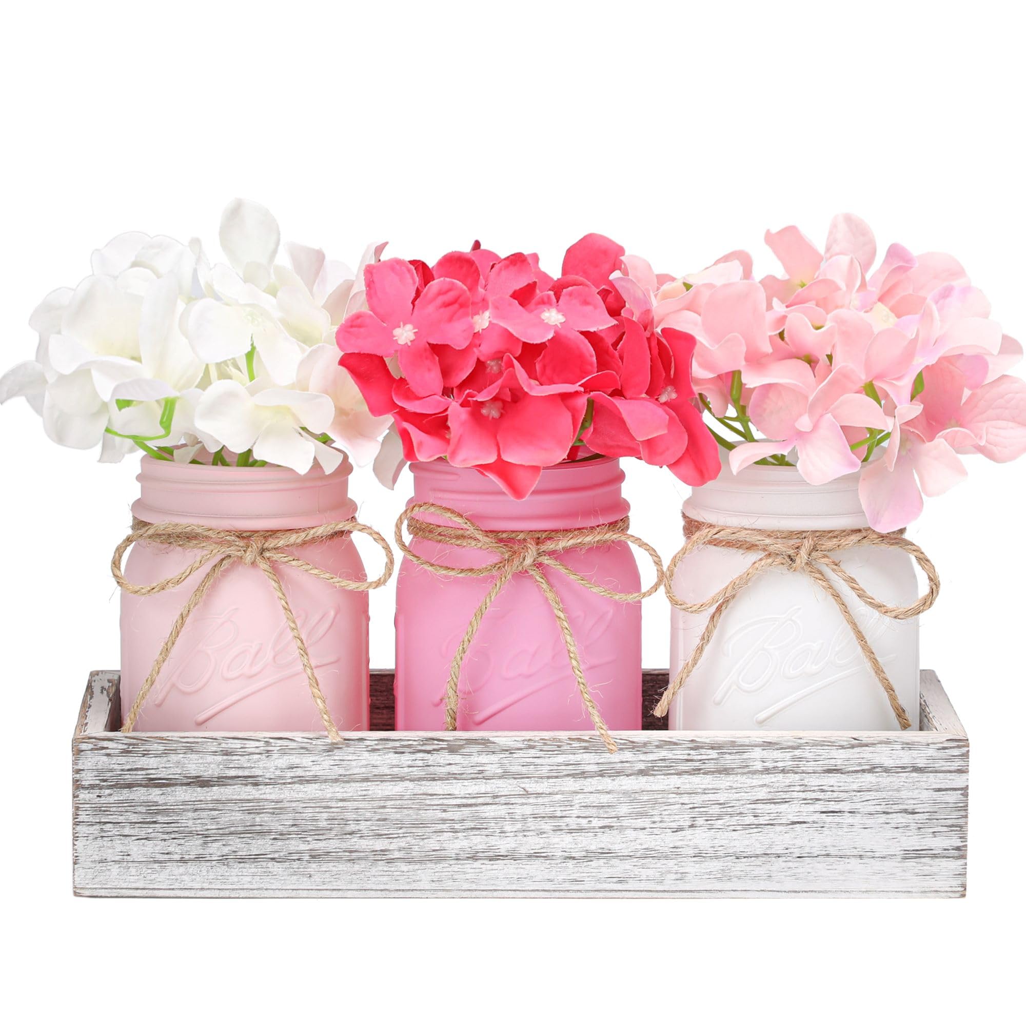 Valentine's Day Mason Jar Centerpiece with Wood Tray - Pink Painted Decorative Jars for Table, Kitchen & Home Decor - Romantic Valentine's Gift for Women - Perfect for Dinner Parties, Weddings & Anniversary Celebrations