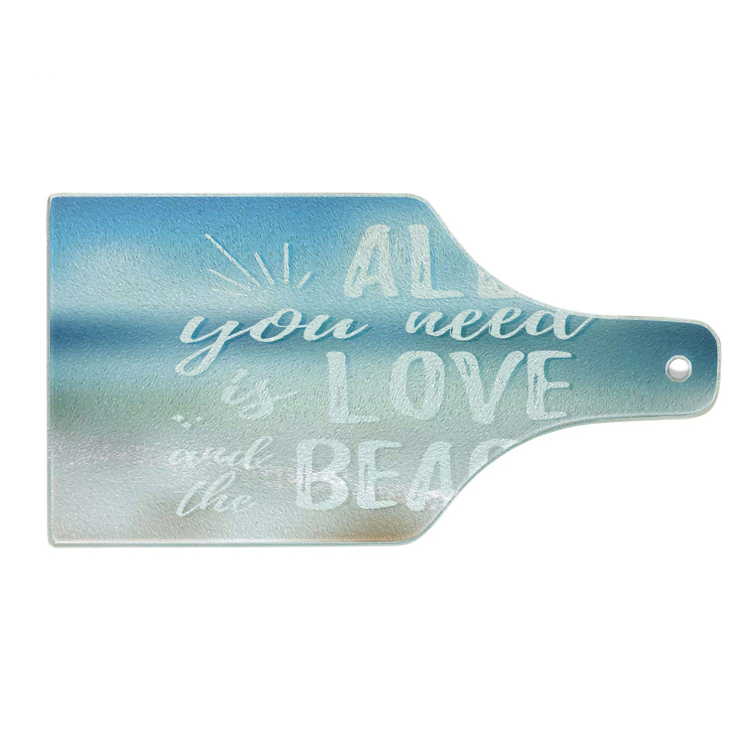 Ambesonne Love & Beach Inspirational Tempered Glass Cutting Board - Wine Bottle Shaped, Blue White & Pale Brown - Perfect for Kitchen Decor, Serving Cheese & Charcuterie, and as a Unique Housewarming Gift