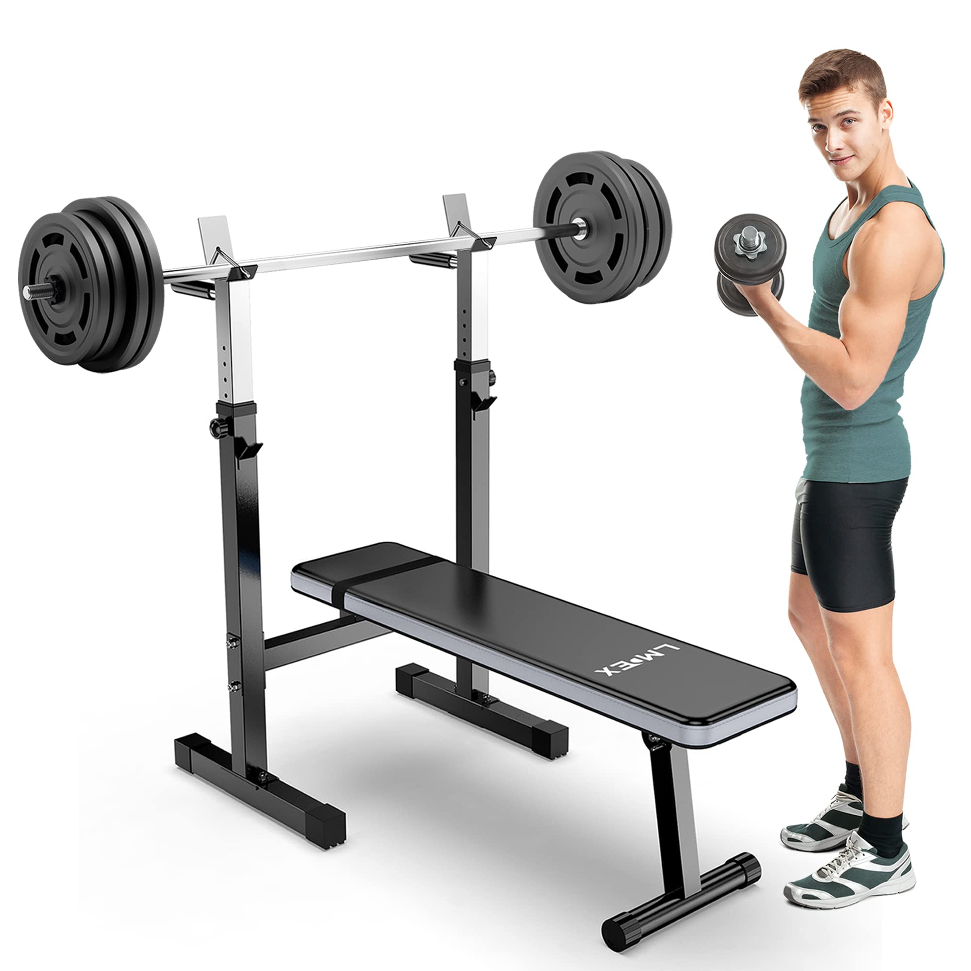 Adjustable Weight Bench Press with Squat Rack - Foldable Multi-Function Home Gym Equipment for Full Body Workout, Strength Training & Dip Station (Grey) - Perfect for Home Gym, Garage Workouts & Small Spaces