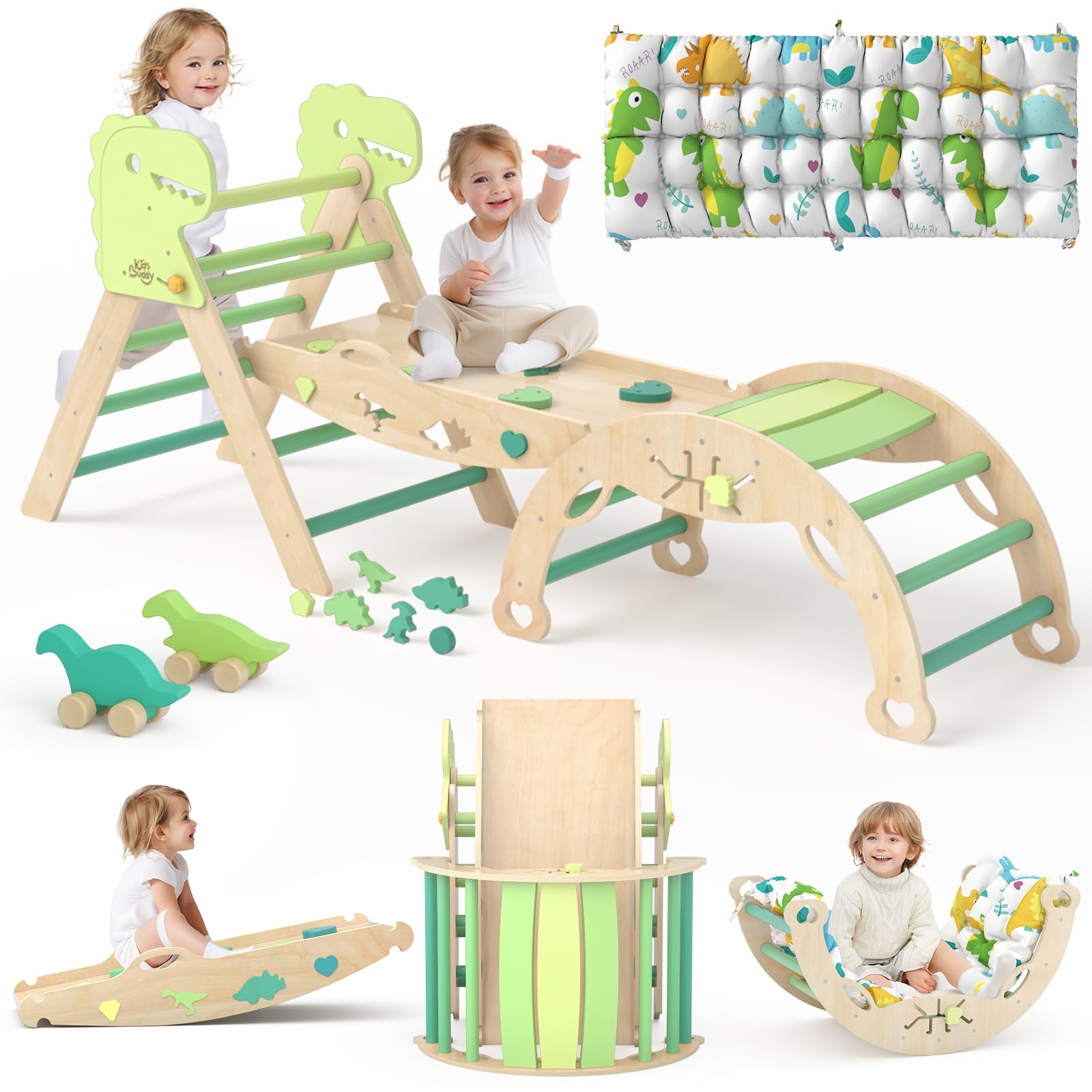 Montessori Wooden Pikler Triangle Climbing Set for Toddlers 1-3 Years - 9-in-1 Indoor Play Gym with Cushion, Maze, Shape Sorter & Dinosaur Car - Perfect for Home Playrooms, Daycares & Early Childhood Development