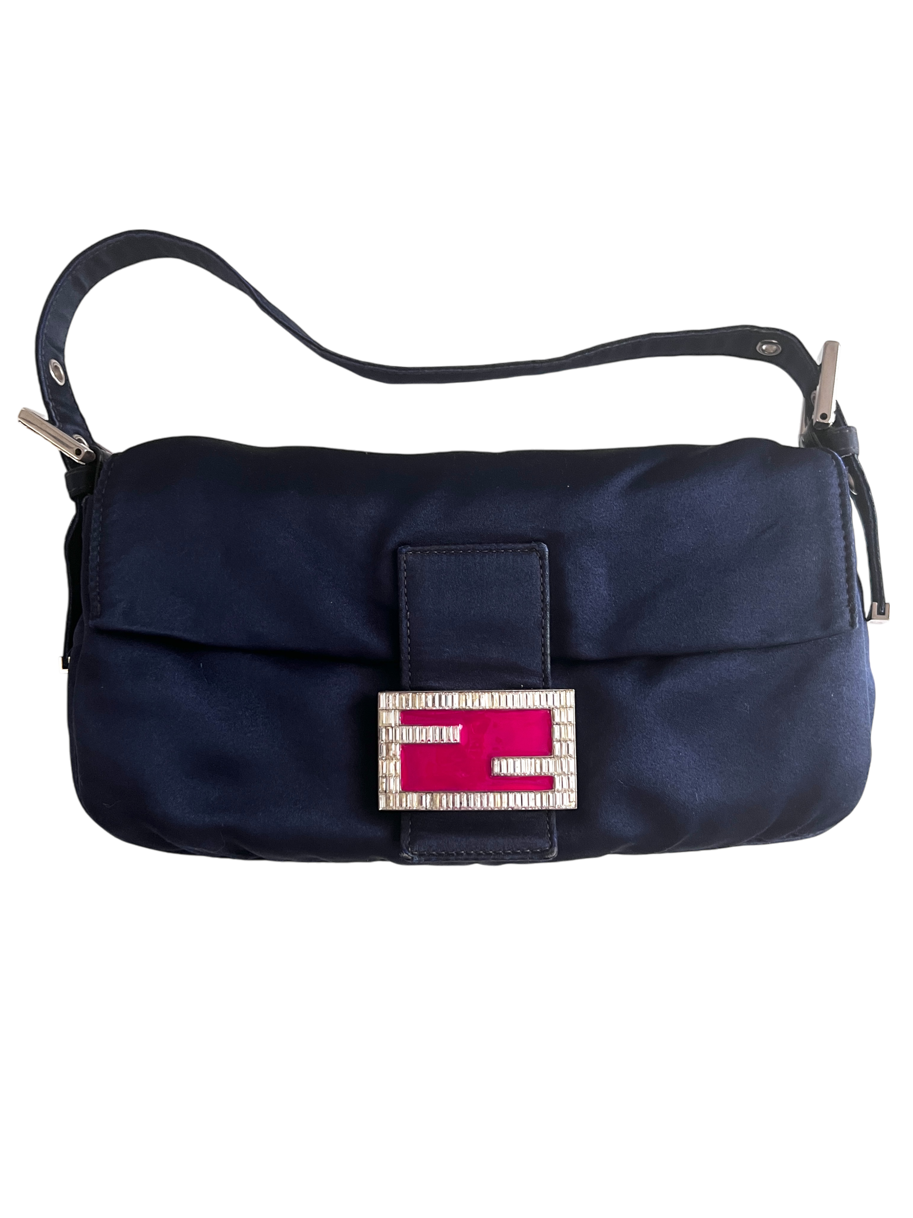 Vintage Fendi Navy Blue Satin Baguette Handbag - Luxury Designer Crossbody Purse for Women, Perfect for Evening Parties & Special Occasions