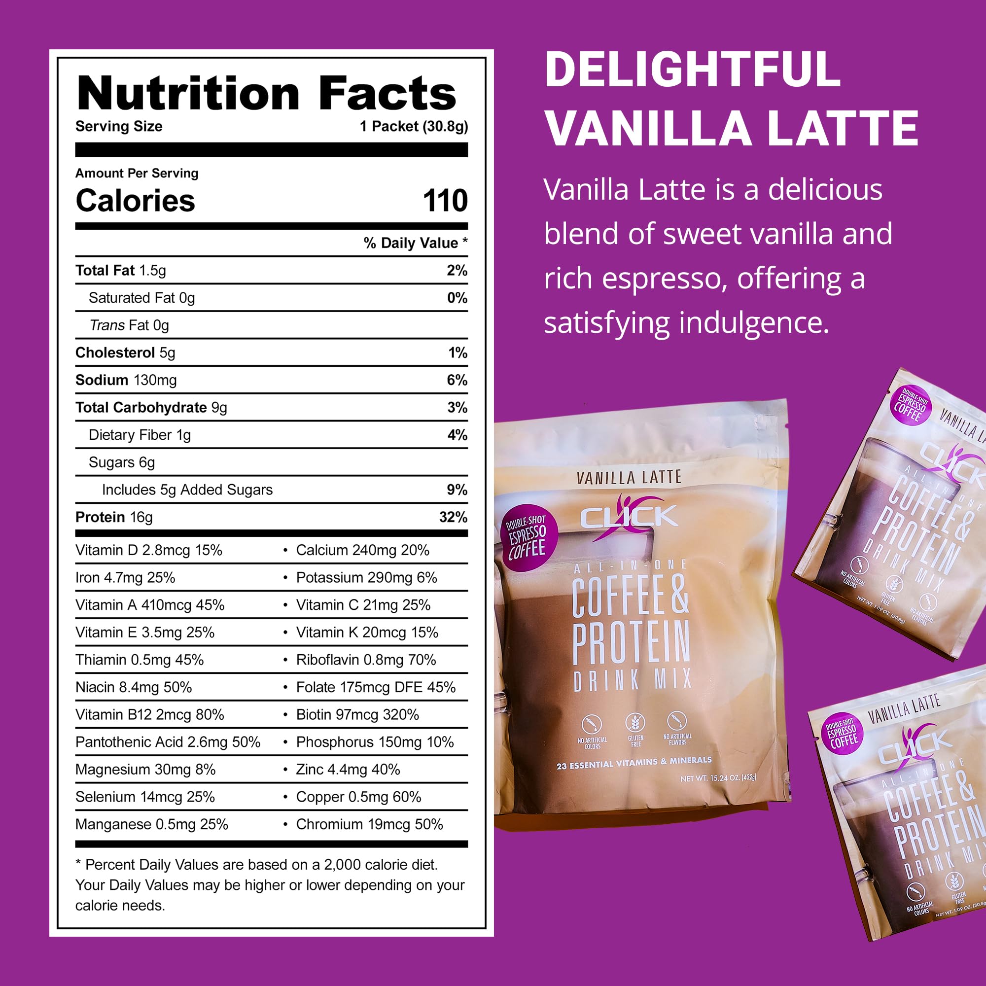 Click Coffee Protein Powder - Double Shot Espresso with 16g Protein & 23 Vitamins | Low Calorie Meal Replacement Shake | 150mg Caffeine, Gluten Free, No Artificial Flavors | Vanilla Flavor | Perfect for Post-Workout Recovery & Busy Mornings