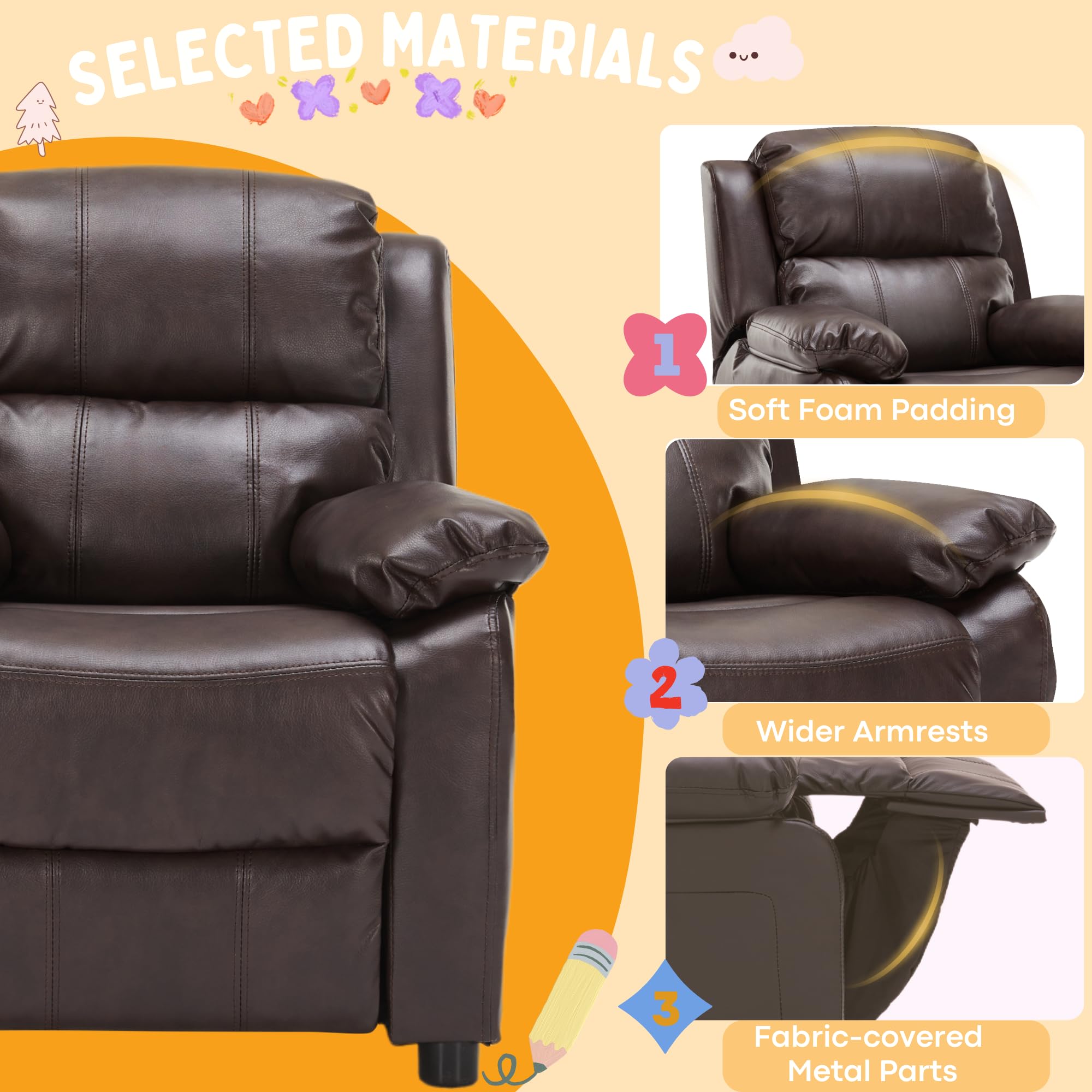 JC Home Macaron Kids Reclining Chair - Soft Leather Recliner Sofa for Toddlers & Children Ages 2-8 - Perfect for Playroom, Bedroom, or Reading Nook