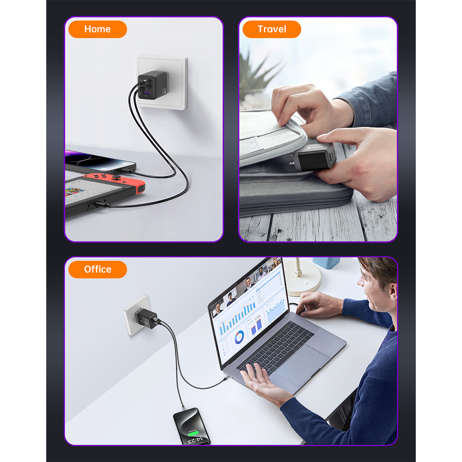 NOVOO RG68 67W GaN Fast Charger with 3 Ports - Compact USB C Wall Charger for iPhone 15/14/13, MacBook, iPad, Samsung Galaxy - Perfect for Travel, Home & Office Use