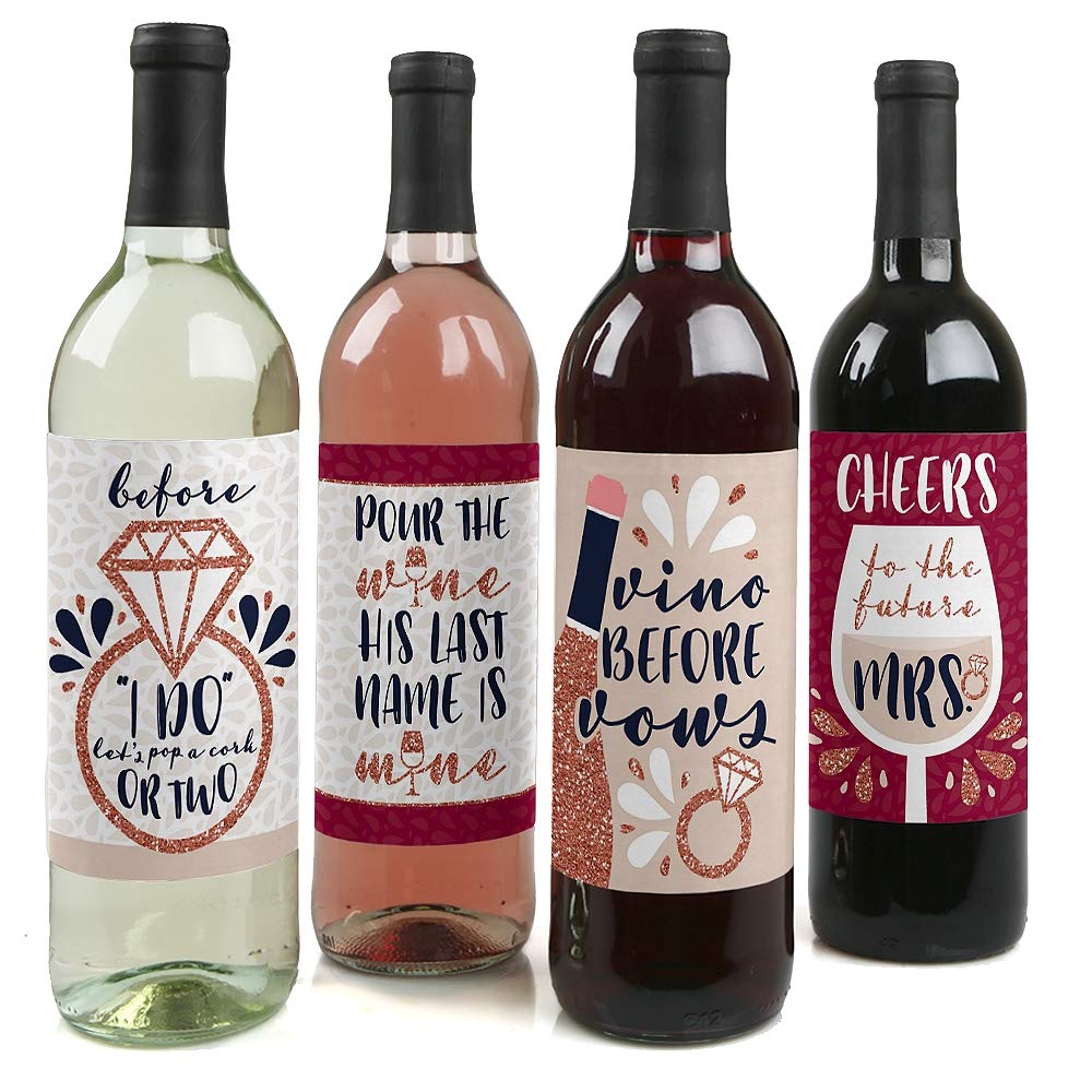 Big Dot of Happiness Vino Before Vows - 4-Pack Wine Bottle Label Stickers for Bridal Showers, Bachelorette Parties & Wedding Decor (Perfect for Wine Lovers & Couples) - Fun & Elegant Winery-Themed Celebration Decor