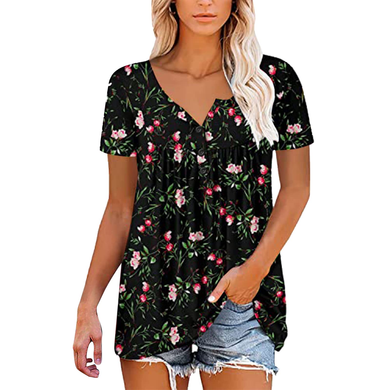 Women's Plus Size Summer Tunic Tops - Floral Short Sleeve Casual Blouses & Henley Shirts for Beach, Vacation & Everyday Wear