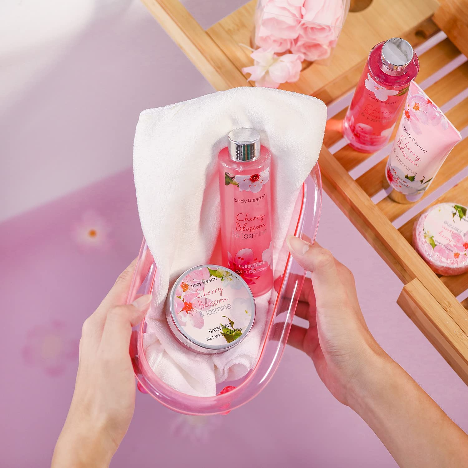 Luxury Spa Gift Basket for Women - Cherry Blossom & Jasmine Bath & Body Set - Mother's Day Gift Ideas - Relaxing Self-Care & Birthday Present for Her - Perfect for Home Spa Nights, Bridal Showers & Special Occasions