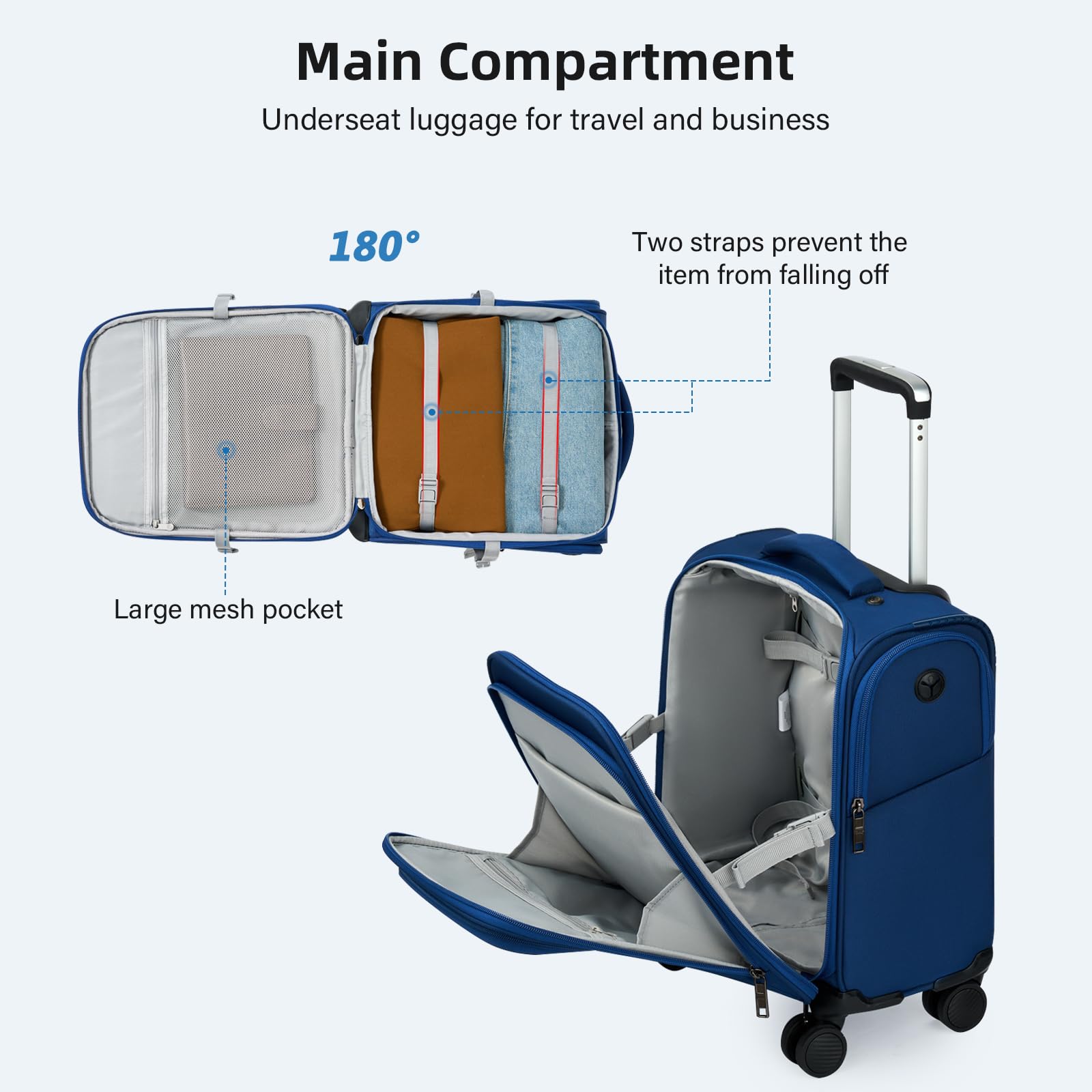 16 Inch Underseat Carry On Luggage with Wheels - Softside Small Suitcase for Air Travel, Personal Item Bag with Pockets - Lightweight Business Overnight Bag for Men & Women (Blue) | Perfect for Business Trips, Weekend Getaways & Cabin Luggage