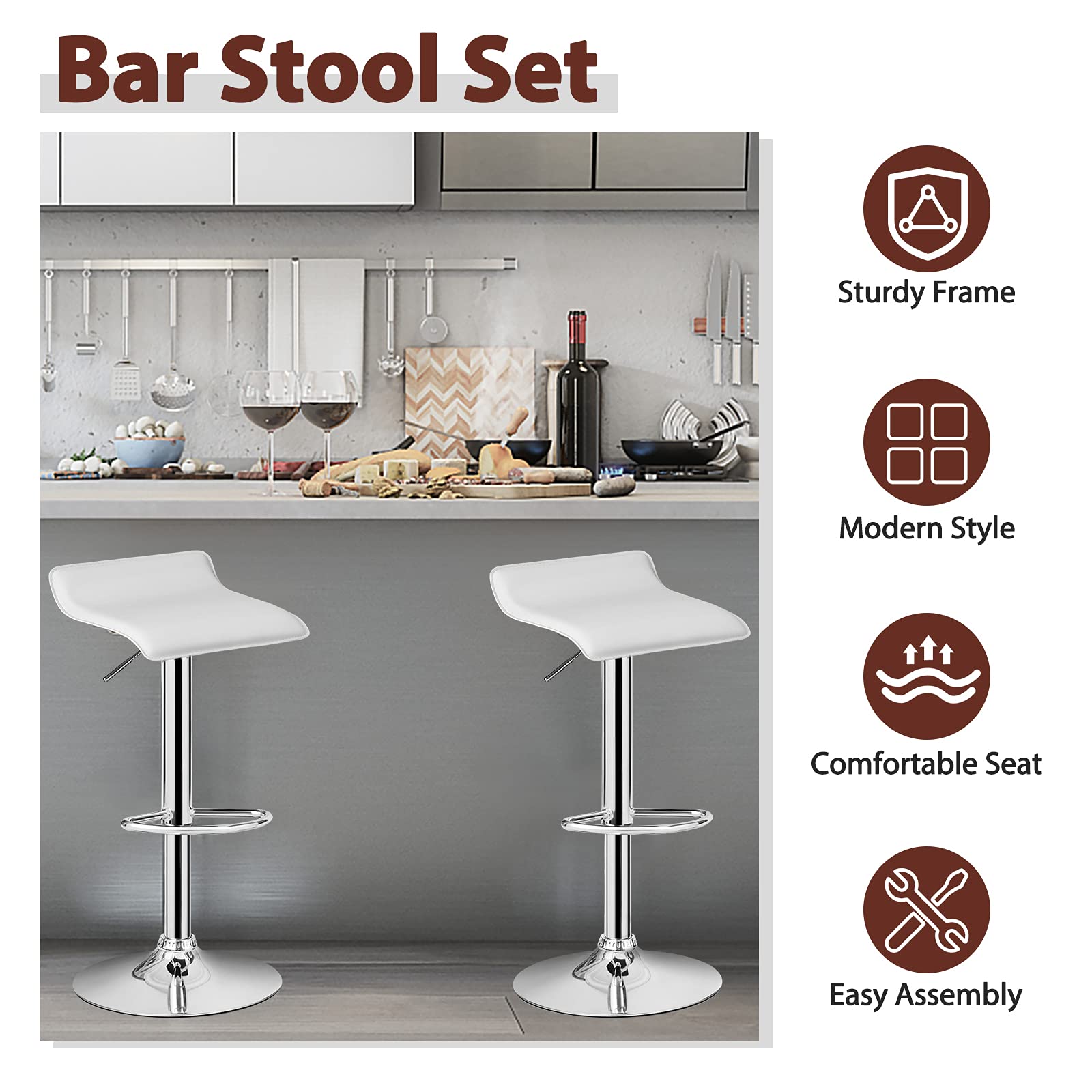 **Casart Adjustable Swivel Bar Stools Set of 4 - PU Leather Counter Height Stools with Footrest & Chrome Base, Hydraulic Modern Bar Chairs for Kitchen Island, Dining Room, Pub, or Cafe - Perfect for Entertaining & Casual Dining (White)**