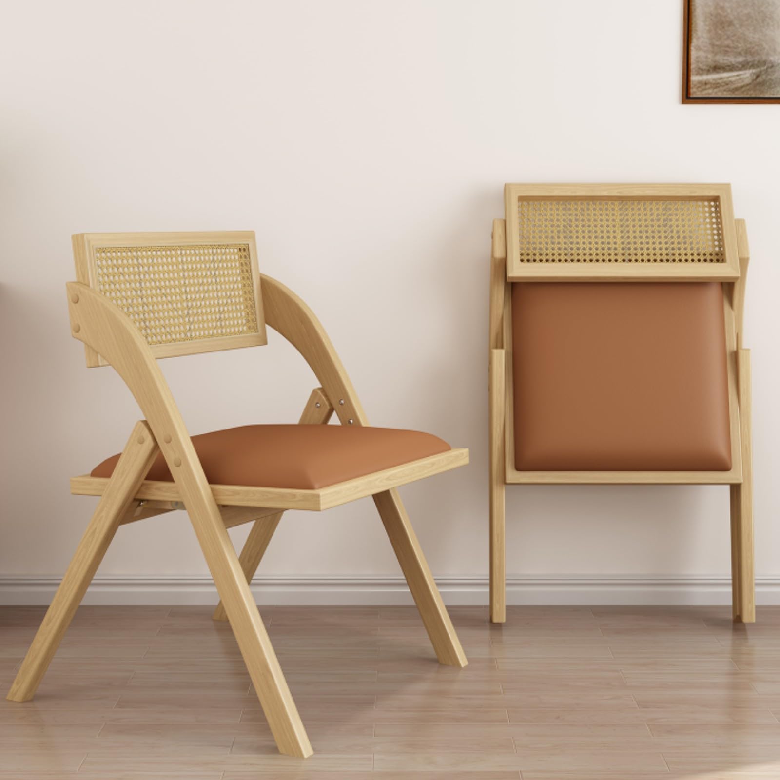 Modern Folding Dining Chairs Set of 2 - Foldable Wooden Kitchen Chairs with Comfortable Padded Cushion, Mid Century Rattan Design for Small Spaces - No Assembly Required, Brown - Perfect for Apartments, Patios, and Compact Dining Areas