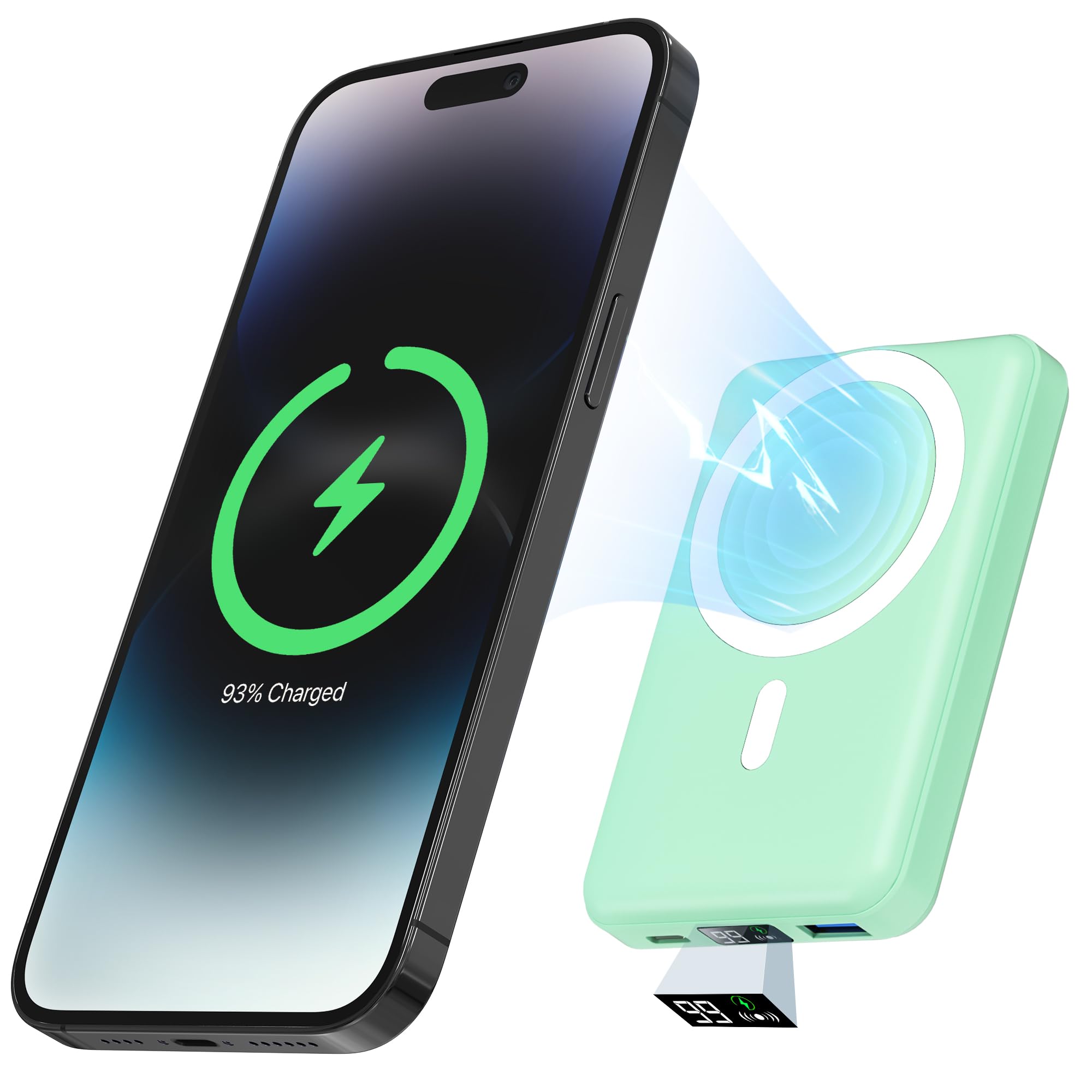 Podoru 10000mAh Magnetic Wireless Power Bank - 22.5W PD Fast Charging with Type-C Cable & LED Display | Portable Battery Pack for iPhone 14/13/12/Pro/Pro Max & AirPods Pro (Green) | Perfect for Travel, Work & Outdoor Activities