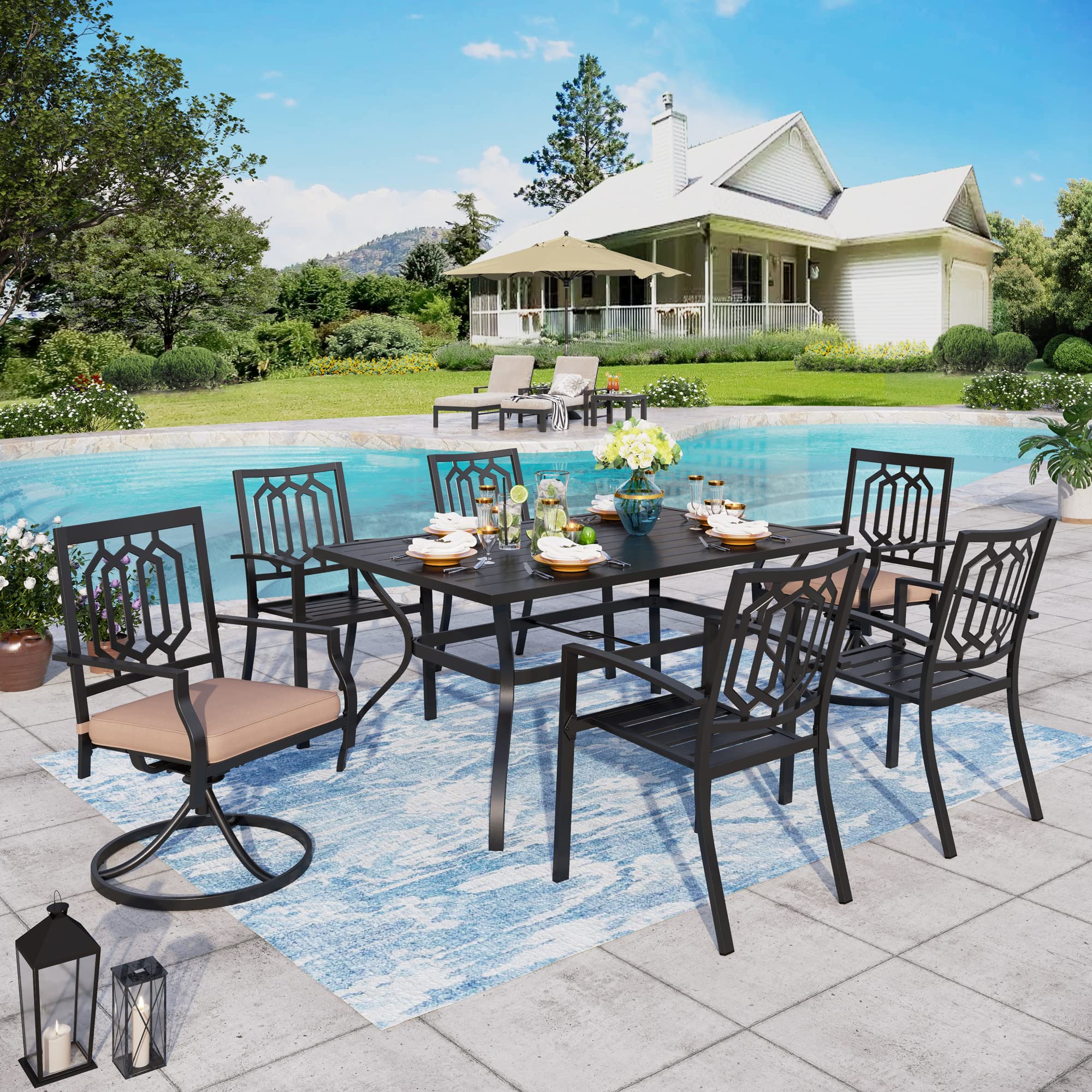 Sophia & William 7-Piece Outdoor Patio Dining Set - 6-Person Rectangular Metal Table with 4 Dining Chairs & 2 Swivel Chairs - Durable Garden Furniture for Backyard, Lawn, Deck & Poolside Entertaining