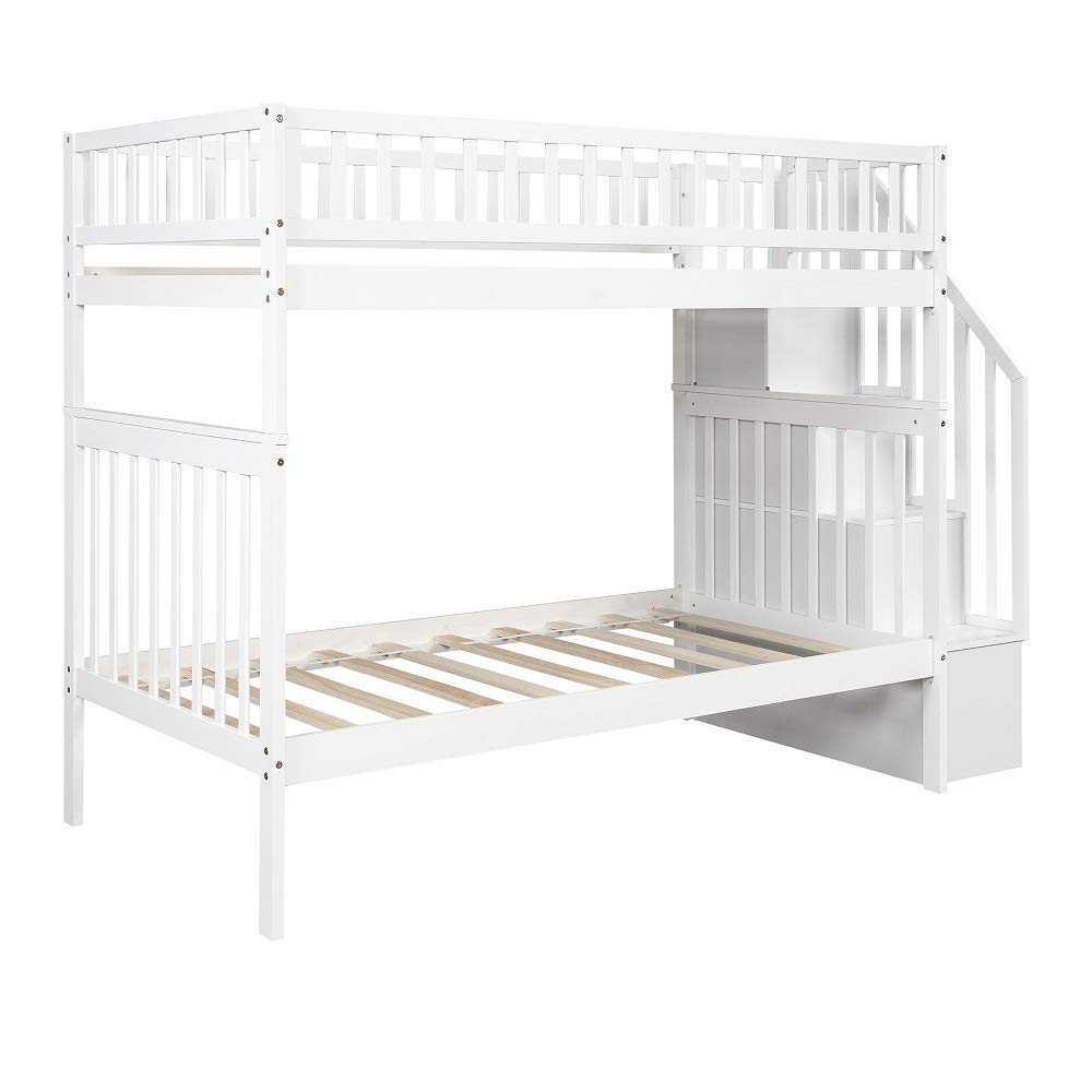 LF Twin Over Twin Bunk Bed Frame for Kids & Teens - Convertible Wooden Full Size Bunk Beds with Trundle, Stairway & Storage - Separates into 3 Individual Beds (White) - Perfect for Kids' Bedrooms, Guest Rooms & Space-Saving Solutions