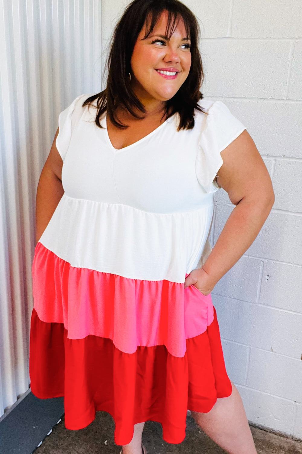 Peach & Cherry Red Tiered Frill Sleeve Midi Dress - Elegant Summer Party & Wedding Guest Outfit