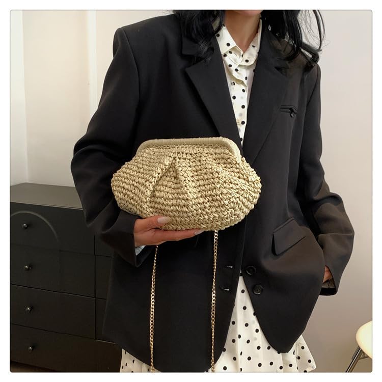 Straw Clutch Purse for Women - Handwoven Dumpling Crossbody Bag, Summer Beach Tote, Boho Chic Woven Straw Handbag for Casual Outings, Vacations & Date Nights