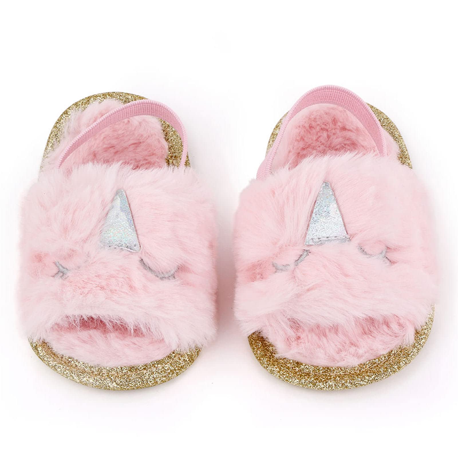 2 Pack Baby Girls Sandals - Soft Elastic Back Strap Flats with Faux Fur - First Walker Slippers for Toddlers - Perfect for Indoor Play, Princess Dress Up & Comfortable House Shoes