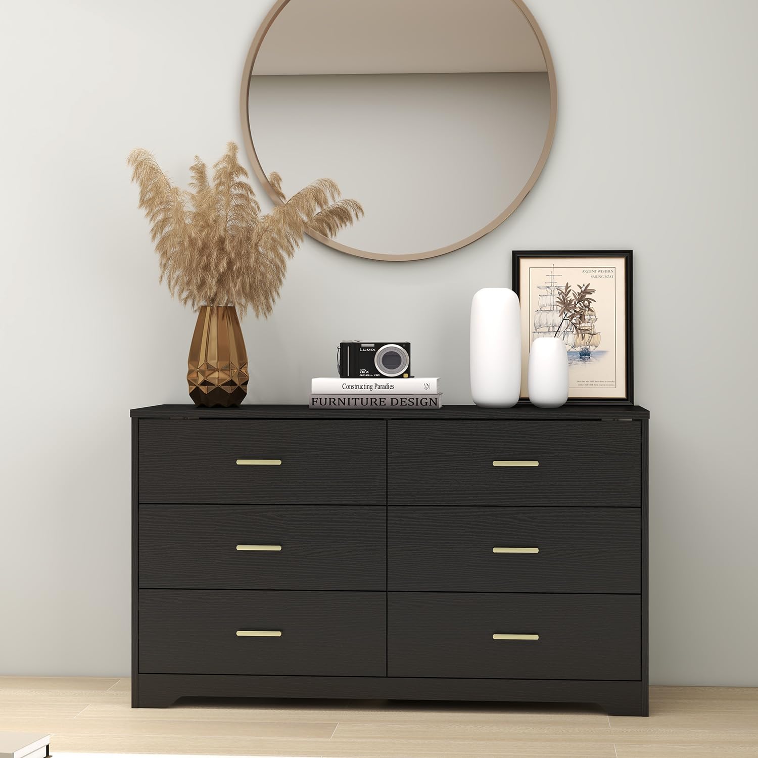 Modern 6-Drawer Wooden Dresser - Solid Wood Lateral Chest of Drawers with Wide Storage Drawers & Gold Metal Handles for Bedroom, Living Room, Hallway | Space-Saving Storage Organizer for Clothes, Linens & Home Essentials