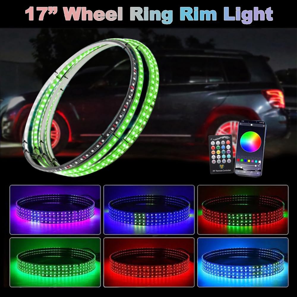 Blueshyhall 17 Inch RGB Color Changing LED Wheel Ring Lights (4 Pack) for Trucks, Off-Road Vehicles & Pickups - Multi-Color Chasing Effects for Night Driving & Car Shows