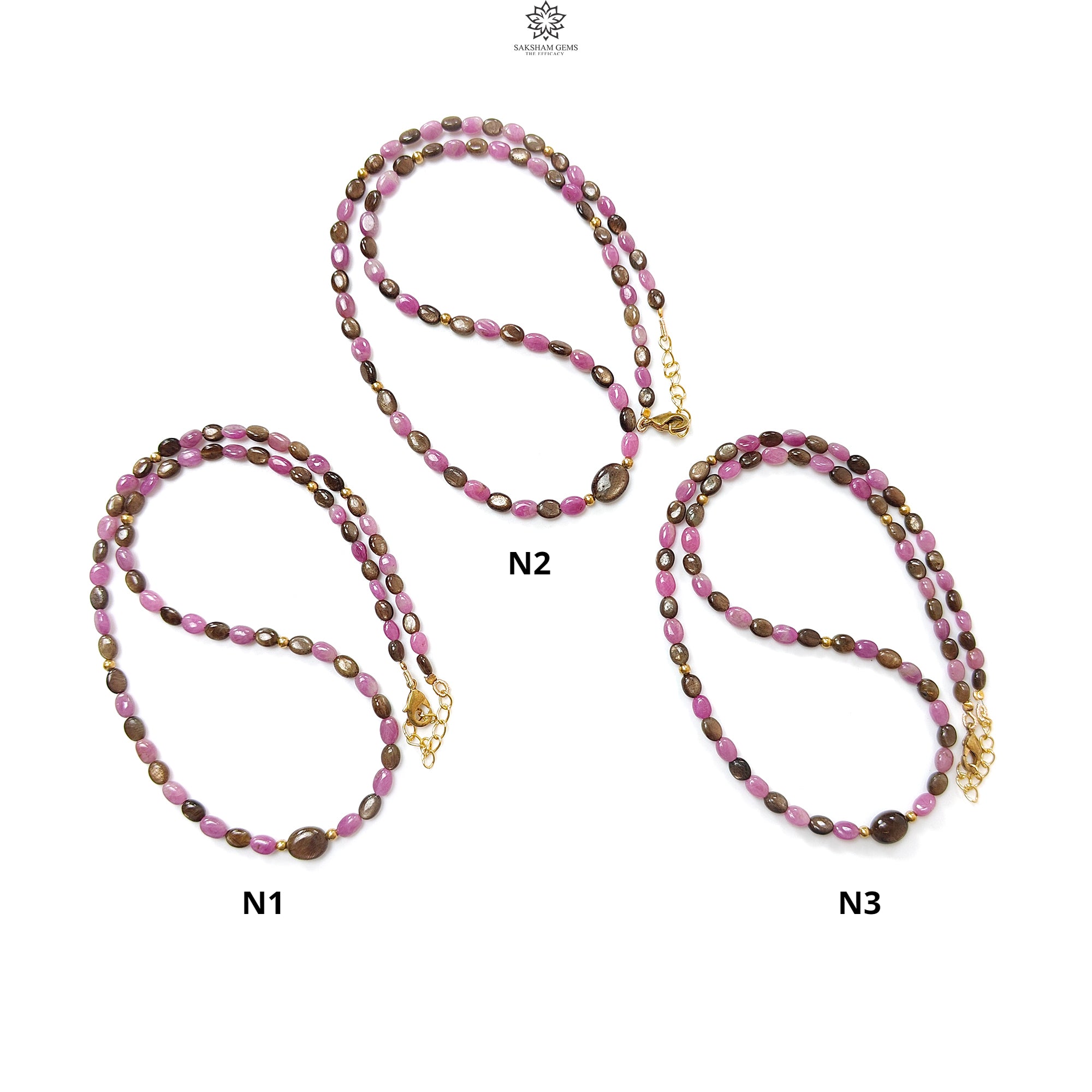 Natural Untreated Golden & Pink Sapphire Gemstone Beads Necklace - Oval Shape Brass Jewelry (18