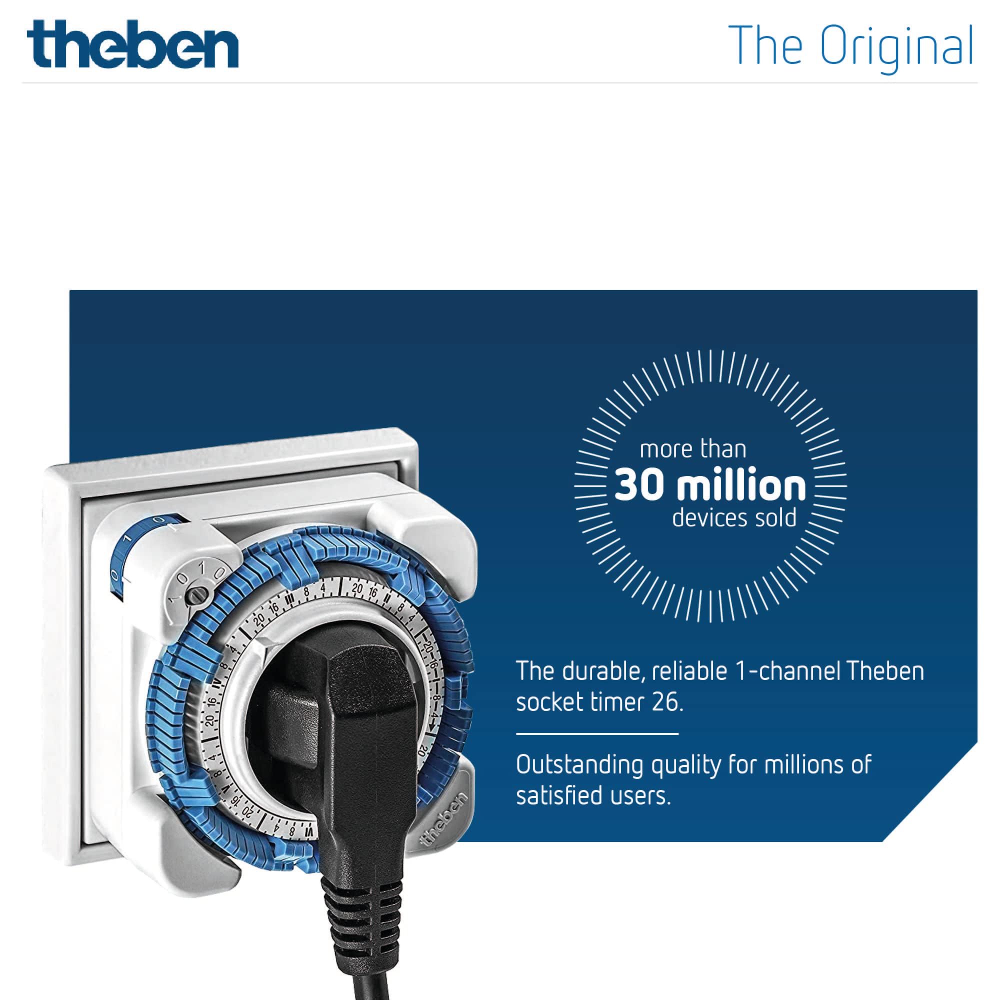 Theben 0260030 theben-Timer 26 - Analog Timer Switch, Outlet Timer, Programmable Plug, White, Up to 400W LED Switching Capacity (3-Pack) - Perfect for Home Automation, Energy Saving & Holiday Lighting Control