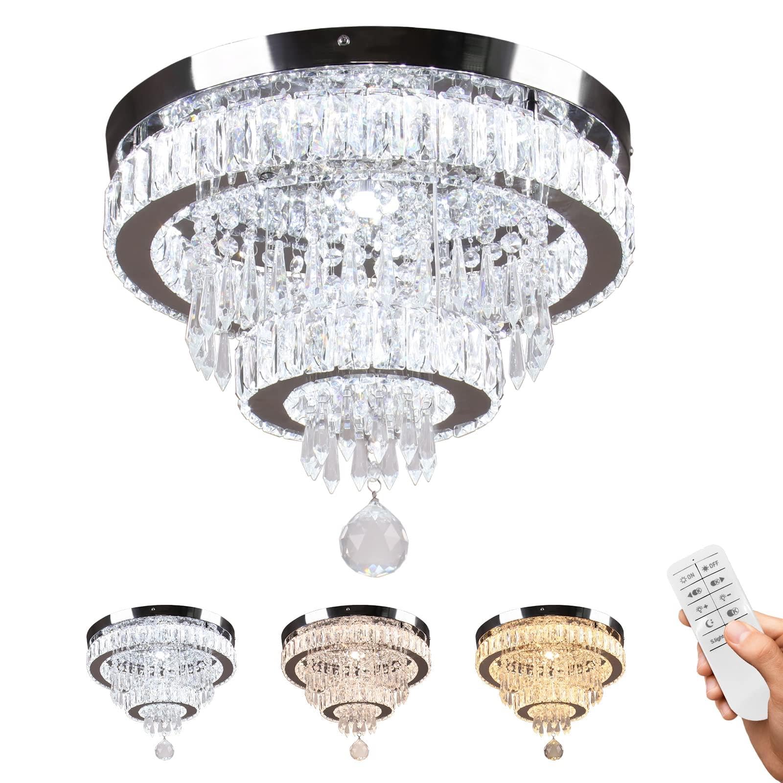 Modern Crystal Chandelier Flush Mount Ceiling Light - 16 Inch Dimmable LED Lighting Fixture with Remote Control for Bedroom, Dining Room, Living Room - Elegant Home Decor & Wedding Venue Lighting