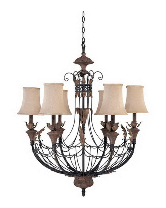 Nuvo Lighting 60 2102 Verdone Collection 6-Light Chandelier - Gilded Cage Finish with Maple Wood Shades | Elegant Dining Room & Foyer Lighting Fixture