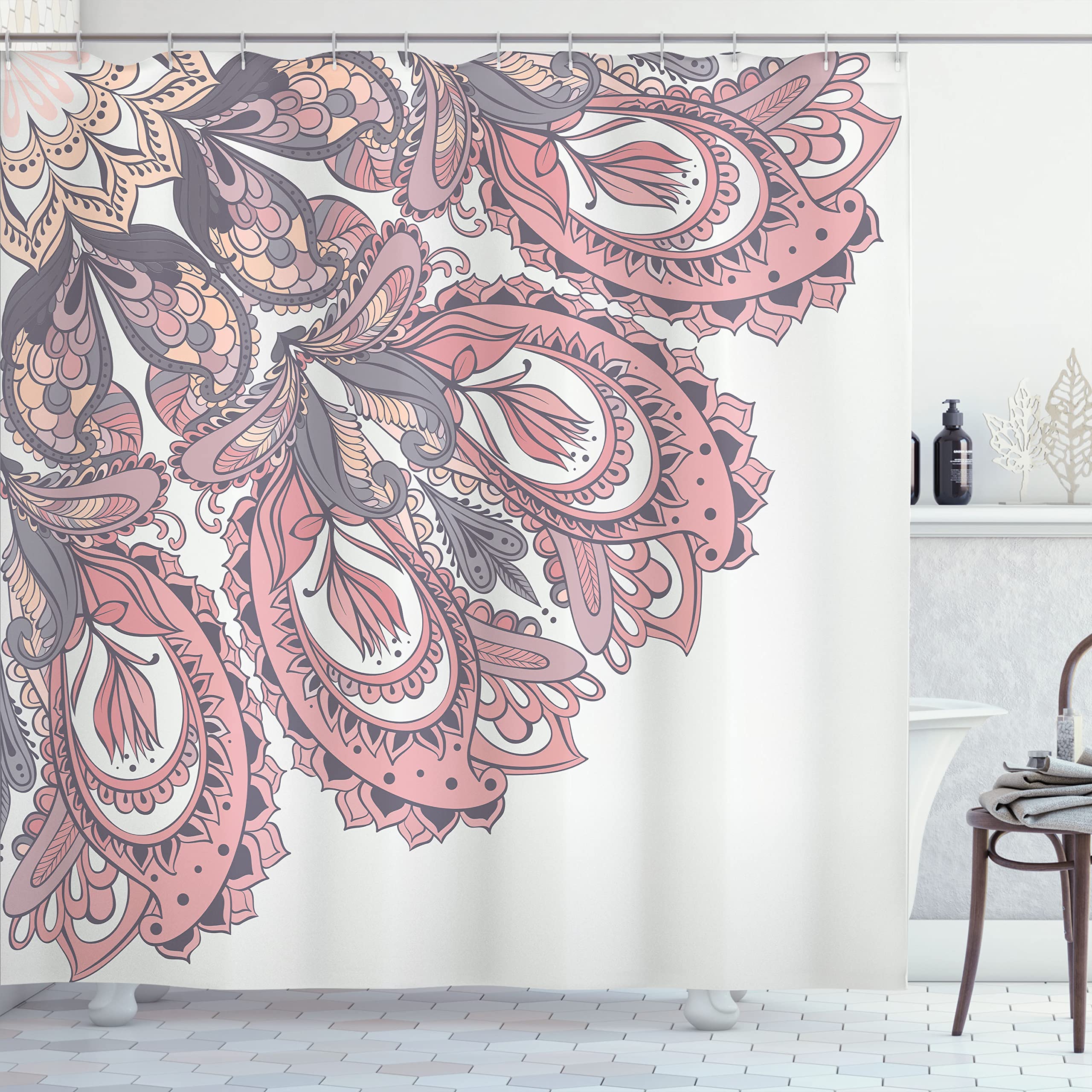 Ambesonne Mandala Shower Curtain - Traditional Paisley Mystic Design with Detailed Edge Pattern, 69x70 Inches, Blush Peach - Waterproof Fabric Bathroom Decor with Hooks for Spa, Yoga & Bohemian Style Homes