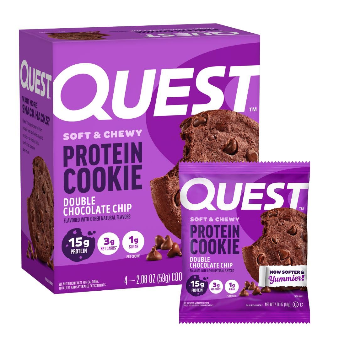 Quest Nutrition Double Chocolate Chip Protein Cookie - 15g Protein, 1g Sugar, 3g Net Carbs | Keto Friendly, High Protein, Low Carb Snack | 4 Count Pack | Perfect for Post-Workout, Keto Diet & Healthy On-the-Go Lifestyle