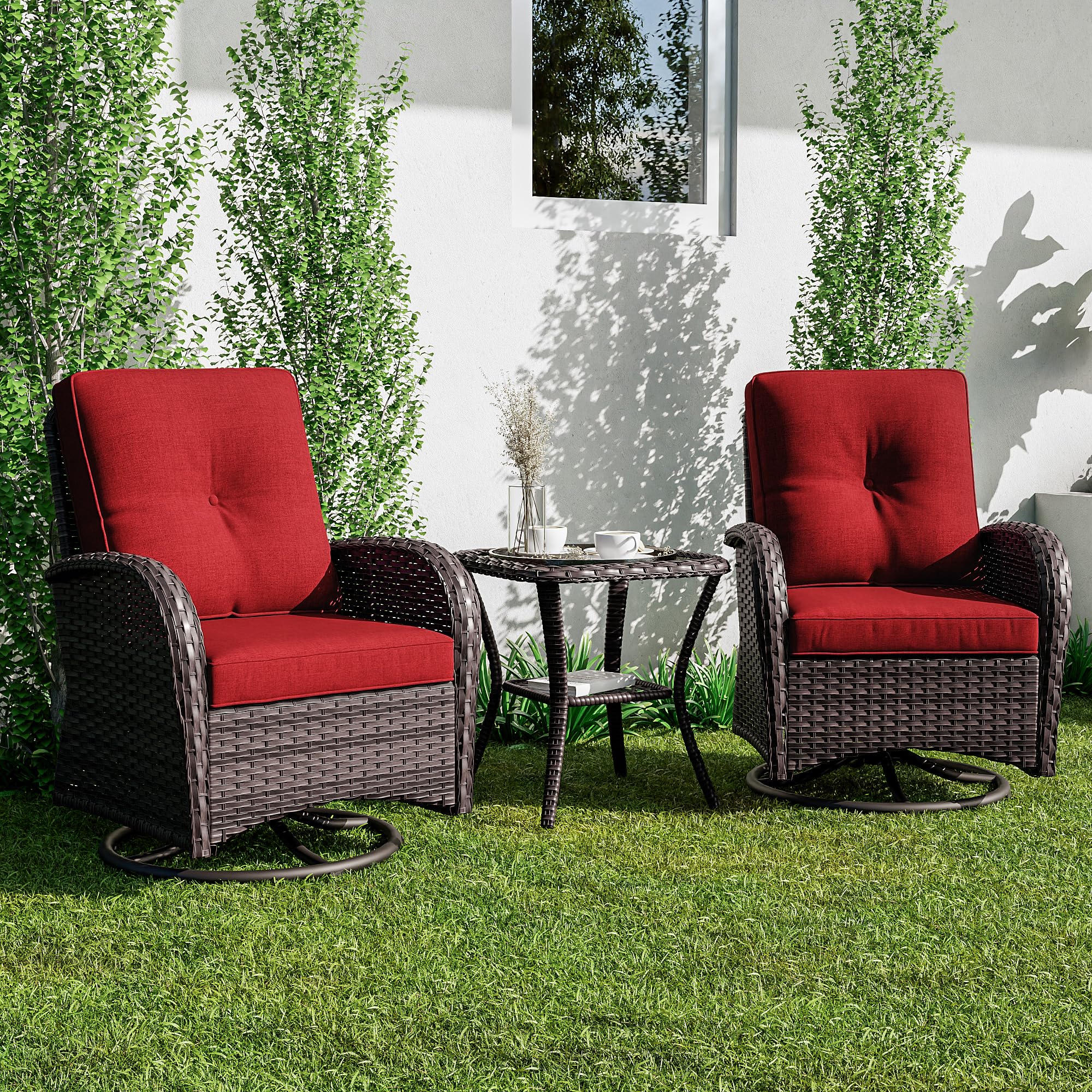 Joyside 2-Piece Patio Swivel Rocking Chair Set with Side Table - Outdoor Wicker Swivel Rocker Chairs for Porch, Deck, Garden & Backyard - Brown/Red 3-Piece Patio Furniture Set for Relaxing & Entertaining