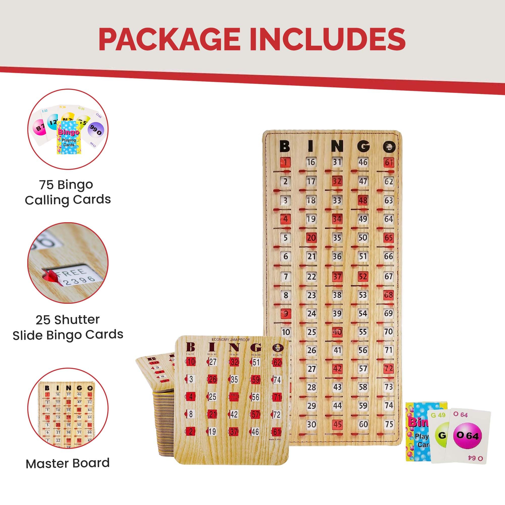 MR CHIPS Jam-Proof Bingo Cards with Sliding Windows - 25 Reusable Shutter Cards + 75 Calling Cards & Master Board in Tan Woodgrain Style - Perfect for Bingo Nights, Family Game Nights & Senior Activities
