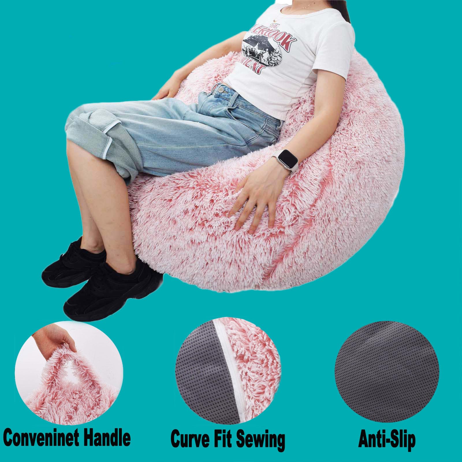 Fluffy Faux Fur Stuffed Animal Storage Bean Bag Chair Cover (No Filler Included) - Dusty Pink Plush Toy Organizer for Kids, Teens & Adults - Perfect for Nursery, Playroom or Dorm Room Decor
