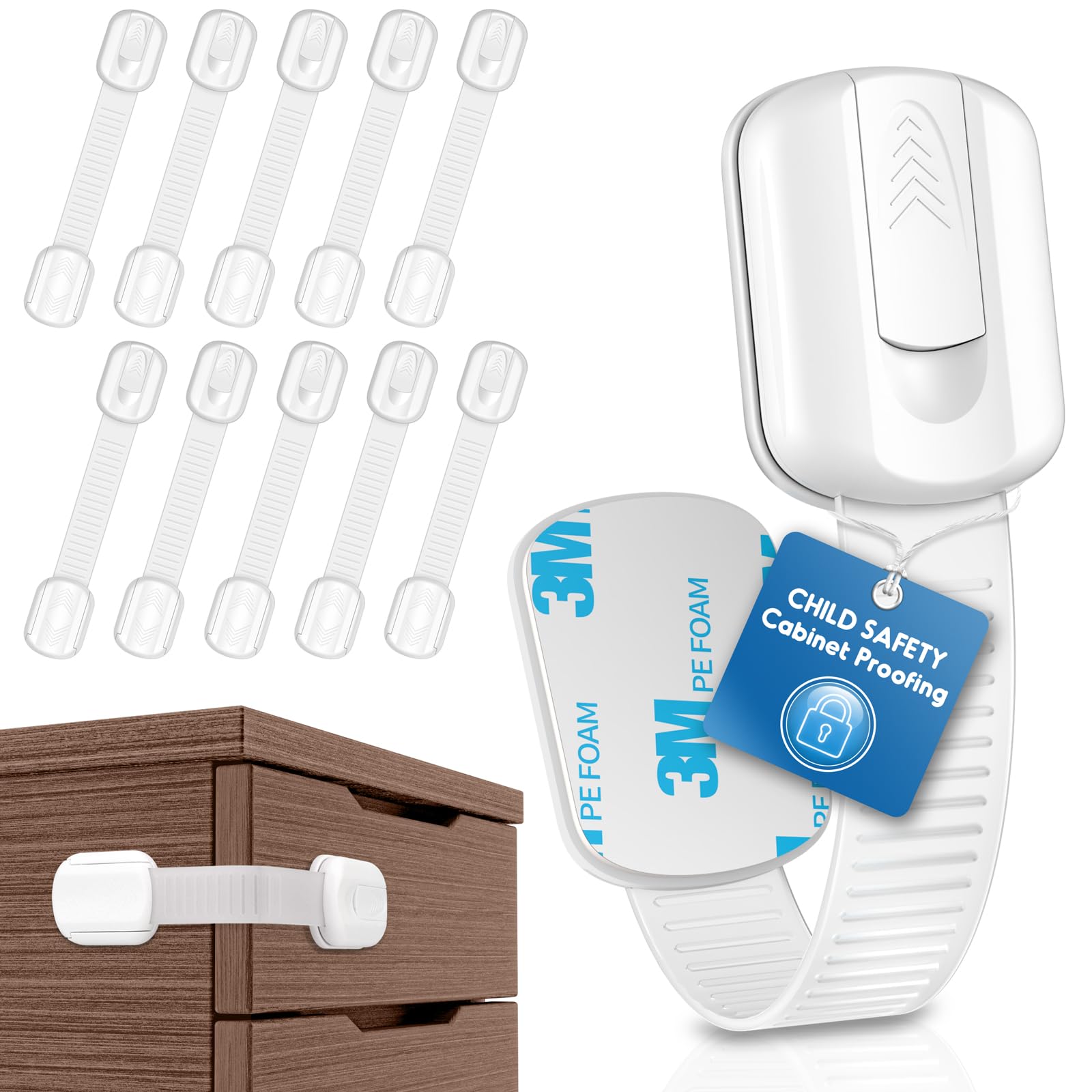 SOGUDE 10 Pack No Drill Baby Proof Cabinet Locks - Child Safety Locks with 3M Adhesive for Kitchen Cabinets, Drawers & Doors (White) | Perfect for Baby Proofing Homes & Childcare Centers