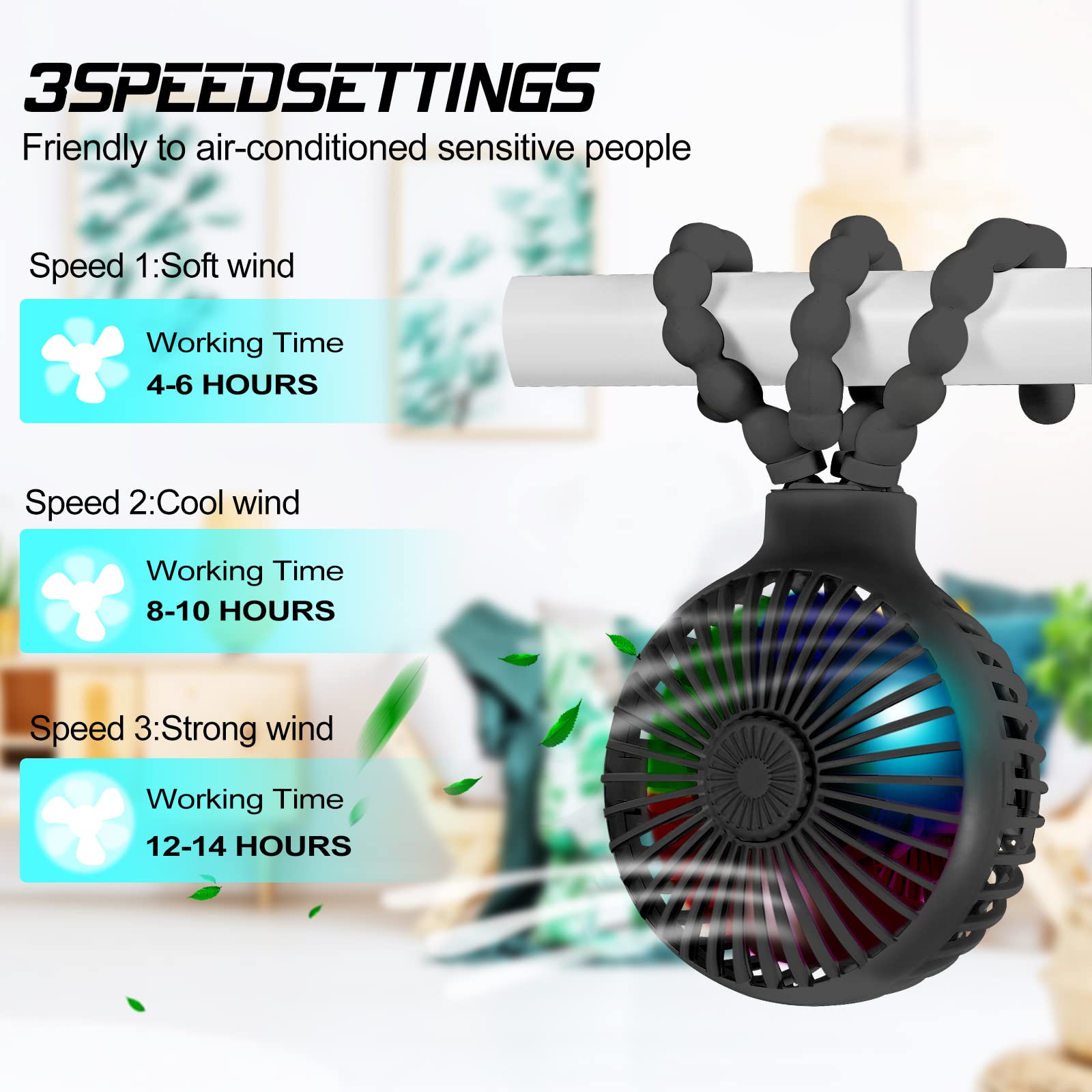 Upgraded Stroller Fan - Mini USB Rechargeable Battery Operated Fan with Flexible Tripod & 3 Speed Settings - Portable Clip On Fan for Baby Stroller, Car Seat, Crib, Treadmill, Office Desk - Perfect for Travel, Nursery, Gym & Home Use (Black)