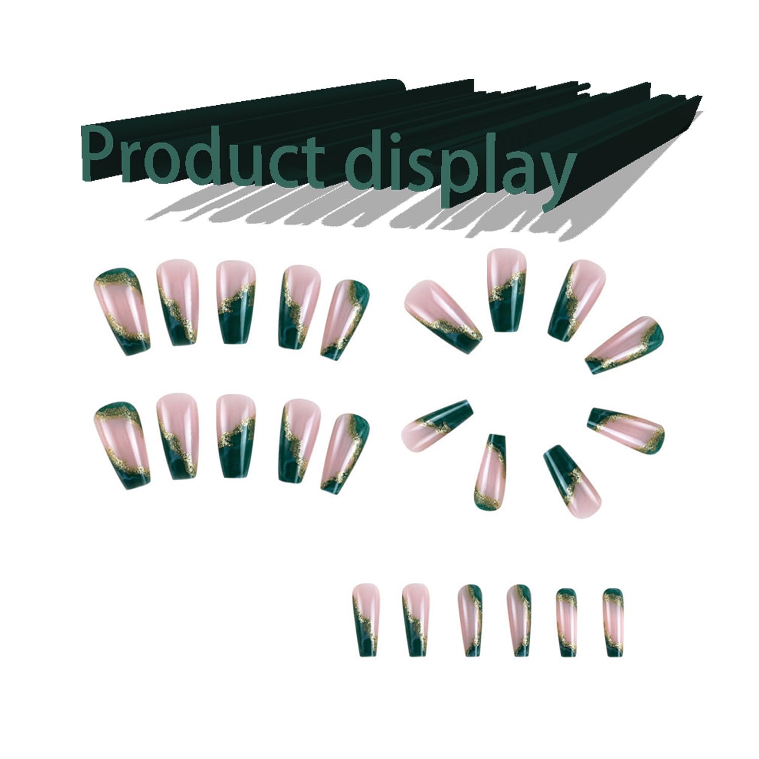 Dark Green Press On Nails - Medium Marble False Nails with Glitter & Gold Foil Designs, Coffin Shape, Reusable Acrylic Full Cover Artificial Nails with Glue (24pcs) - Perfect for Parties, Weddings, and Everyday Glam