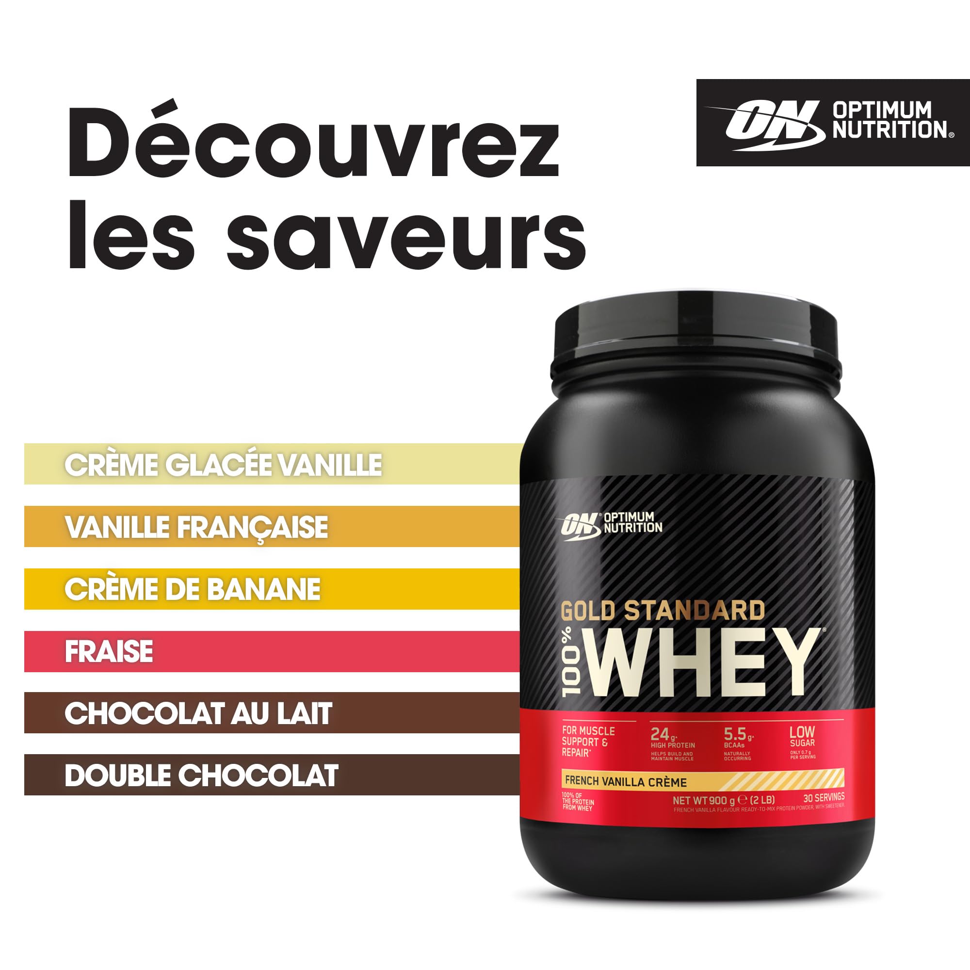 Optimum Nutrition Gold Standard Whey Protein Powder with Glutamine & Amino Acids - French Vanilla Creme, 2 lbs (908g), 29 Servings - Post-Workout Recovery & Muscle Building Supplement