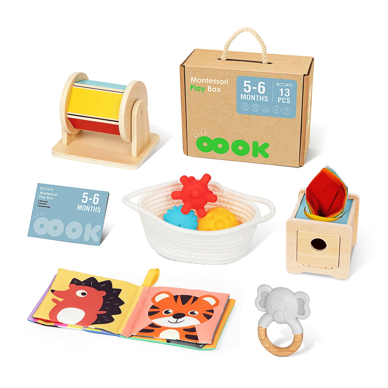 Montessori Toys for Babies 0-6 Months - All-in-1 Newborn Developmental Toy Set with Sensory Balls, Spinning Drum, Baby Tissue Box, Cloth Book & Elephant Teether - Perfect for Early Learning, Motor Skills & Sensory Play