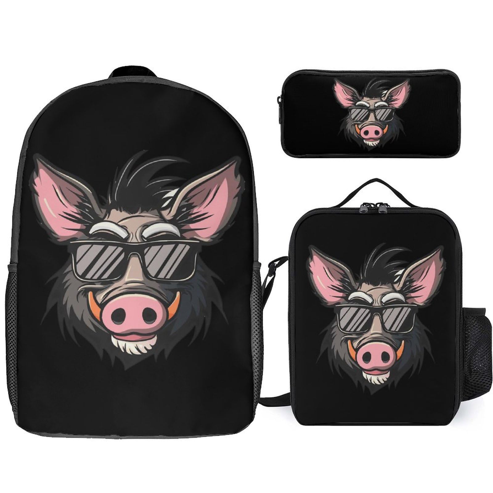 Stylish 3-Piece Wild Boar Backpack Set with Glasses - Cute Laptop Backpack, Travel Daypack & Lunch Bag Pencil Case for School, Work & Outdoor Adventures