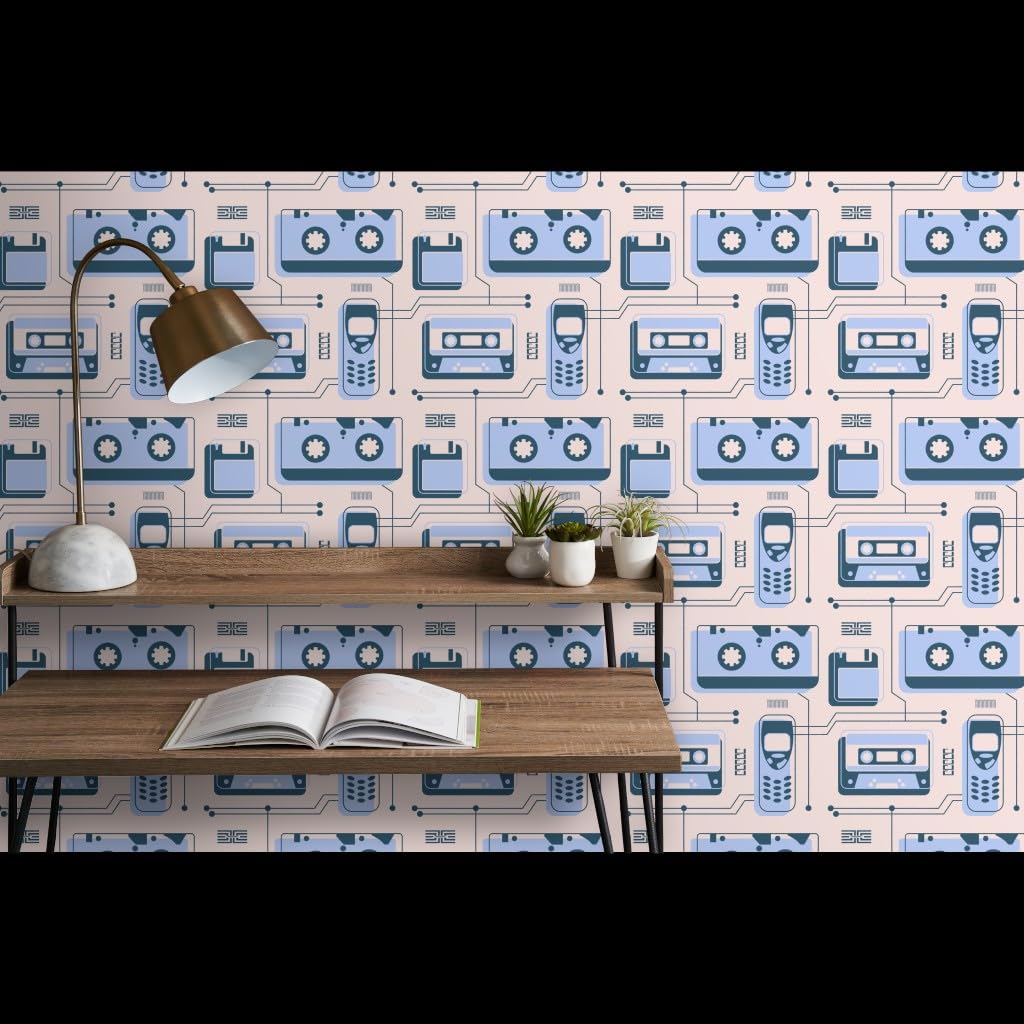 Premium Commercial Grade Wallpaper - 27ft x 2ft Roll, 2000S Light Blue & Dusty Pink Cassette Pattern, Traditional Phone Design by Spoonflower | Perfect for Living Rooms, Bedrooms, and Home Offices