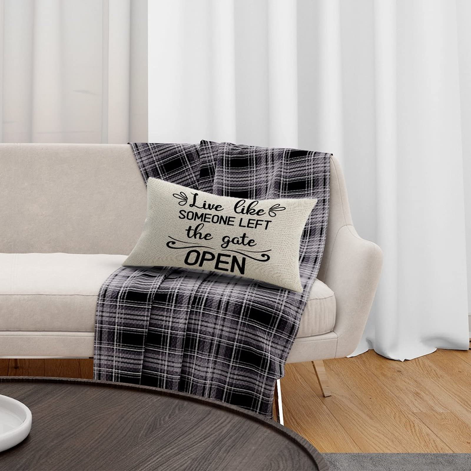 Farmhouse Lumbar Pillow Covers - Live Like Someone Left The Gate Open Quote Cotton Pillow Cases for Office, Desk, Chair, Couch & Car Decor - Perfect for Home, Office & Travel Comfort
