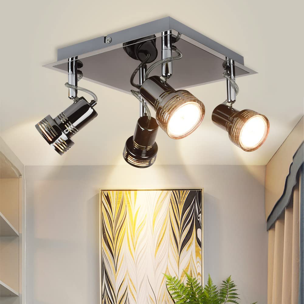 Modern LED Track Lighting Fixture - 4 Light Square Ceiling Spot Lights with Warm White 3W GU10 Bulbs Included | Flush Mount Directional Lighting for Kitchen, Living Room, Bedroom, Office & Retail Spaces | Energy-Efficient Dimmable Ceiling Light Kit