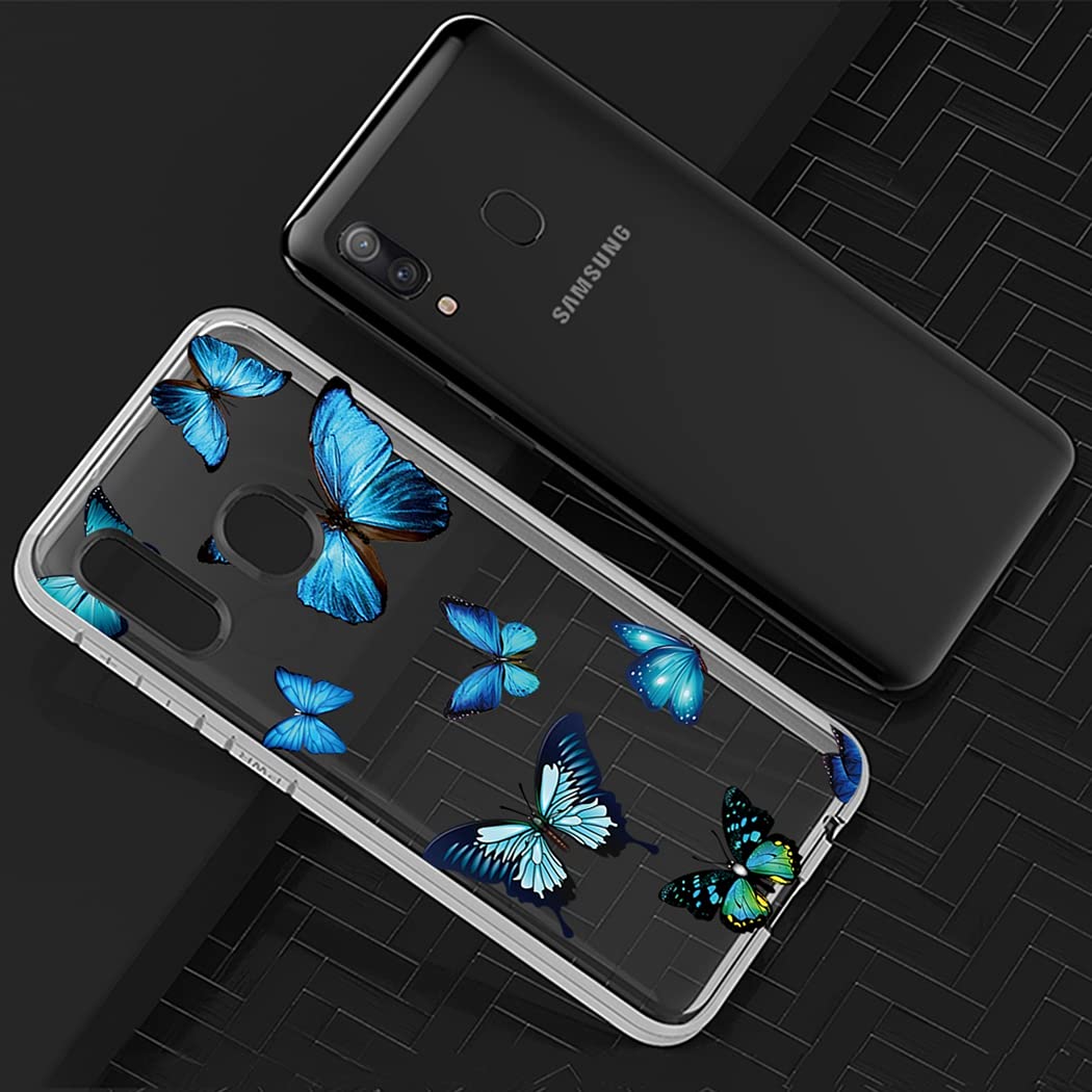 Cute Blue Butterfly Clear Slim Shockproof TPU Case for Samsung Galaxy A20/A30 - Soft Flexible Protective Cover for Women & Girls - Perfect for Everyday Use, Work, and Travel